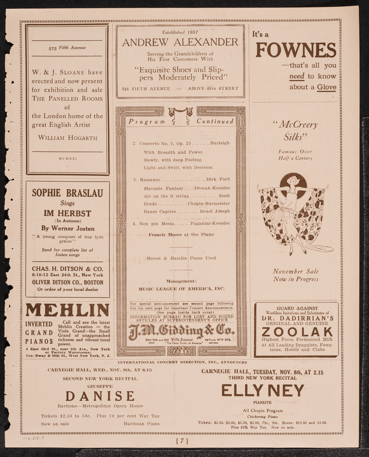 John Corigliano, Violin, November 6, 1921, program page 8