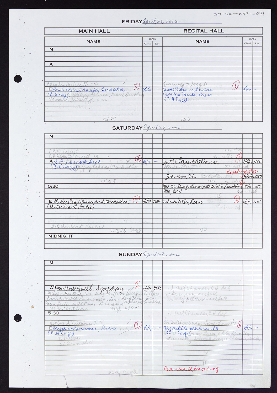 Carnegie Hall Booking Ledger, volume 47, page 71