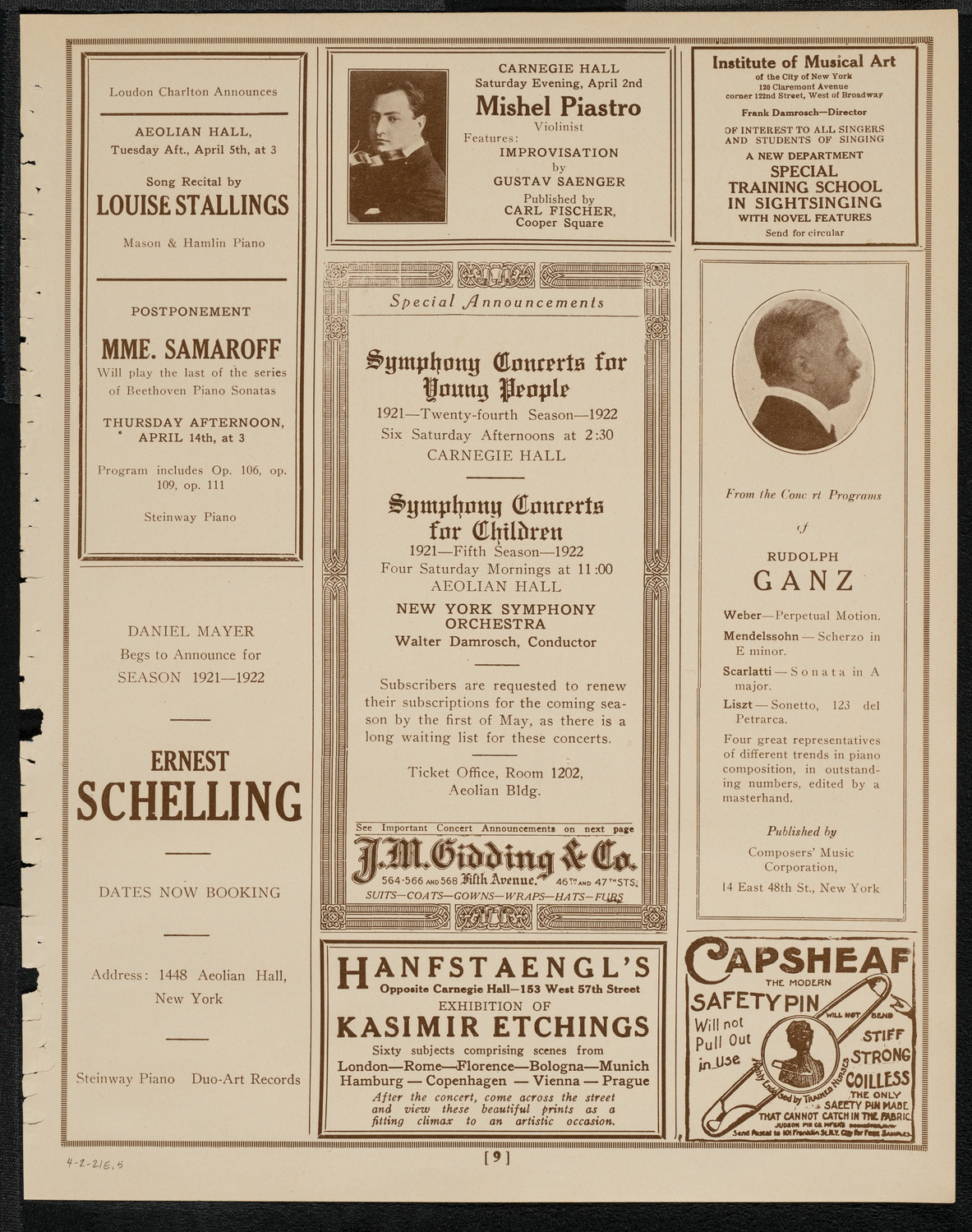 Mishel Piastro, Violin, April 2, 1921, program page 9