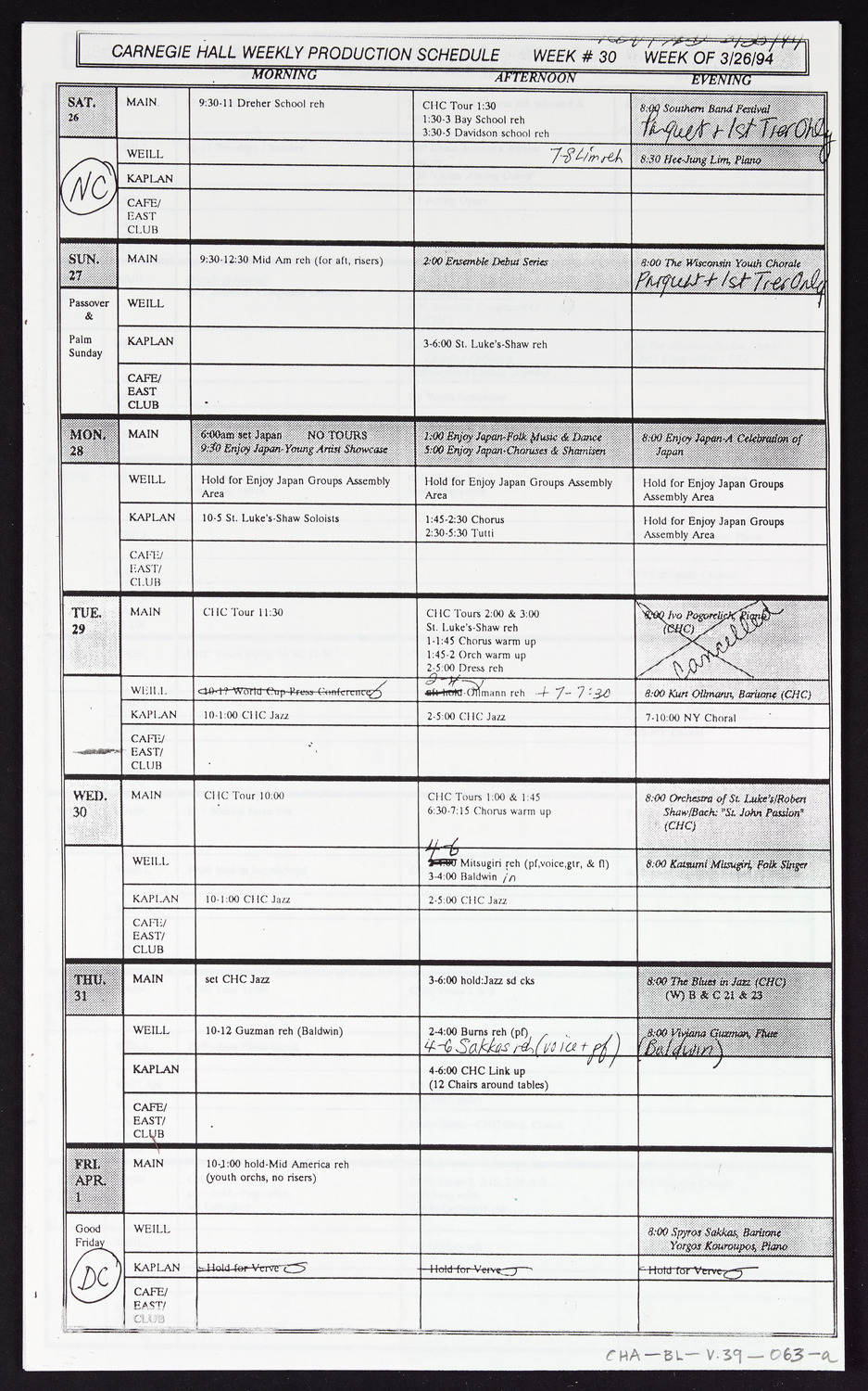 Carnegie Hall Booking Ledger, volume 39, page 63a