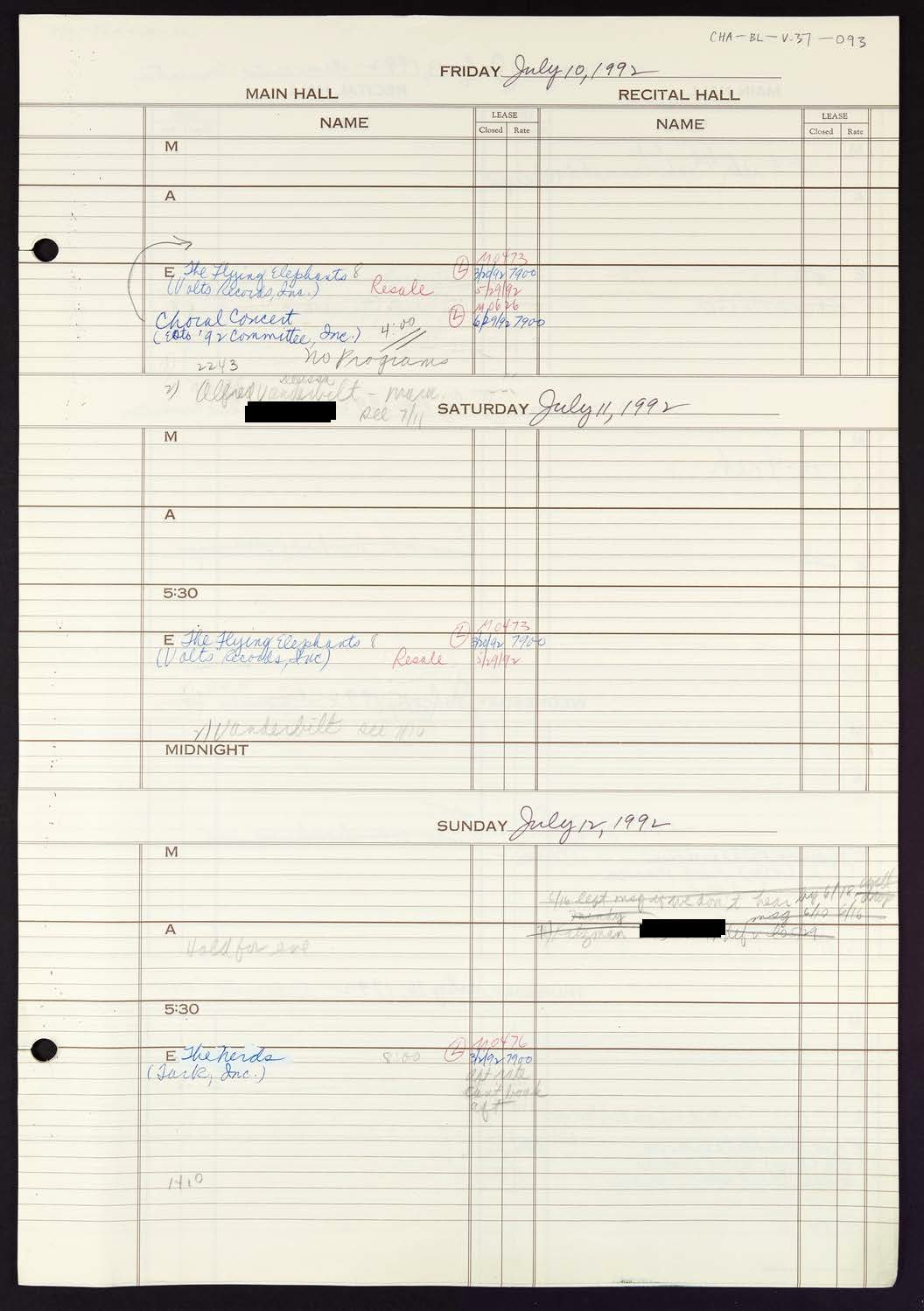 Carnegie Hall Booking Ledger, volume 37, page 93