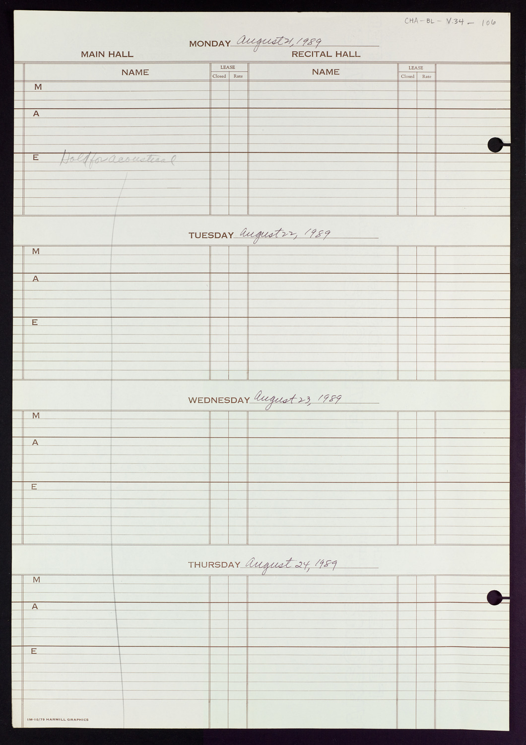 Carnegie Hall Booking Ledger, volume 34, page 106