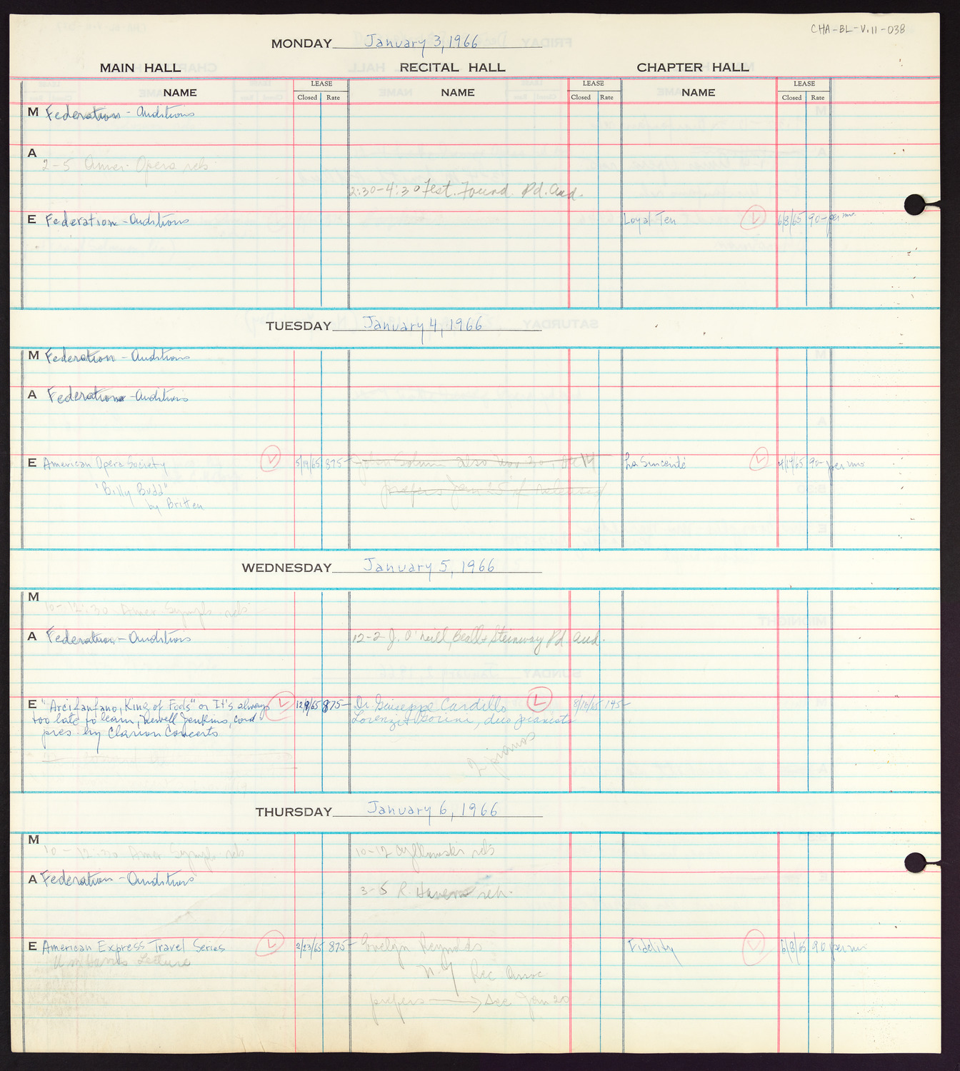 Carnegie Hall Booking Ledger, volume 11, page 38