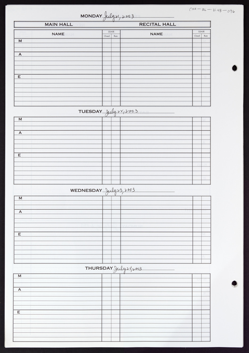 Carnegie Hall Booking Ledger, volume 48, page 96