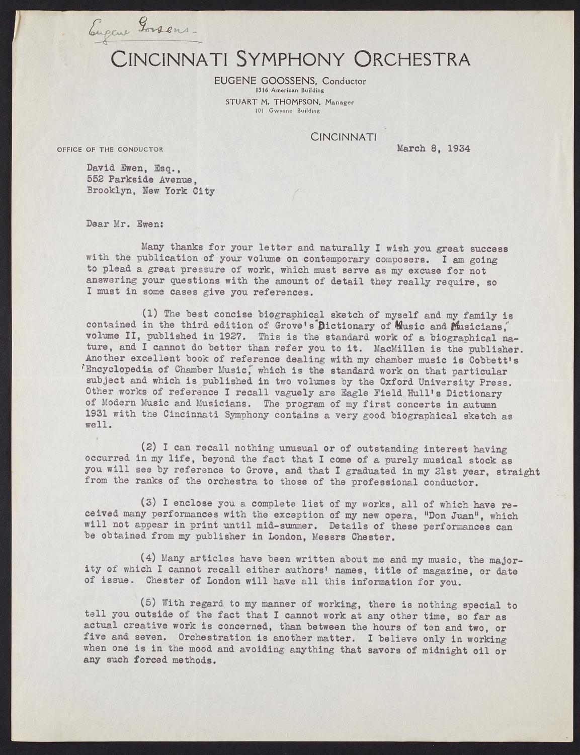 Correspondence from Eugene Goossens to David Ewen, page 1 of 2