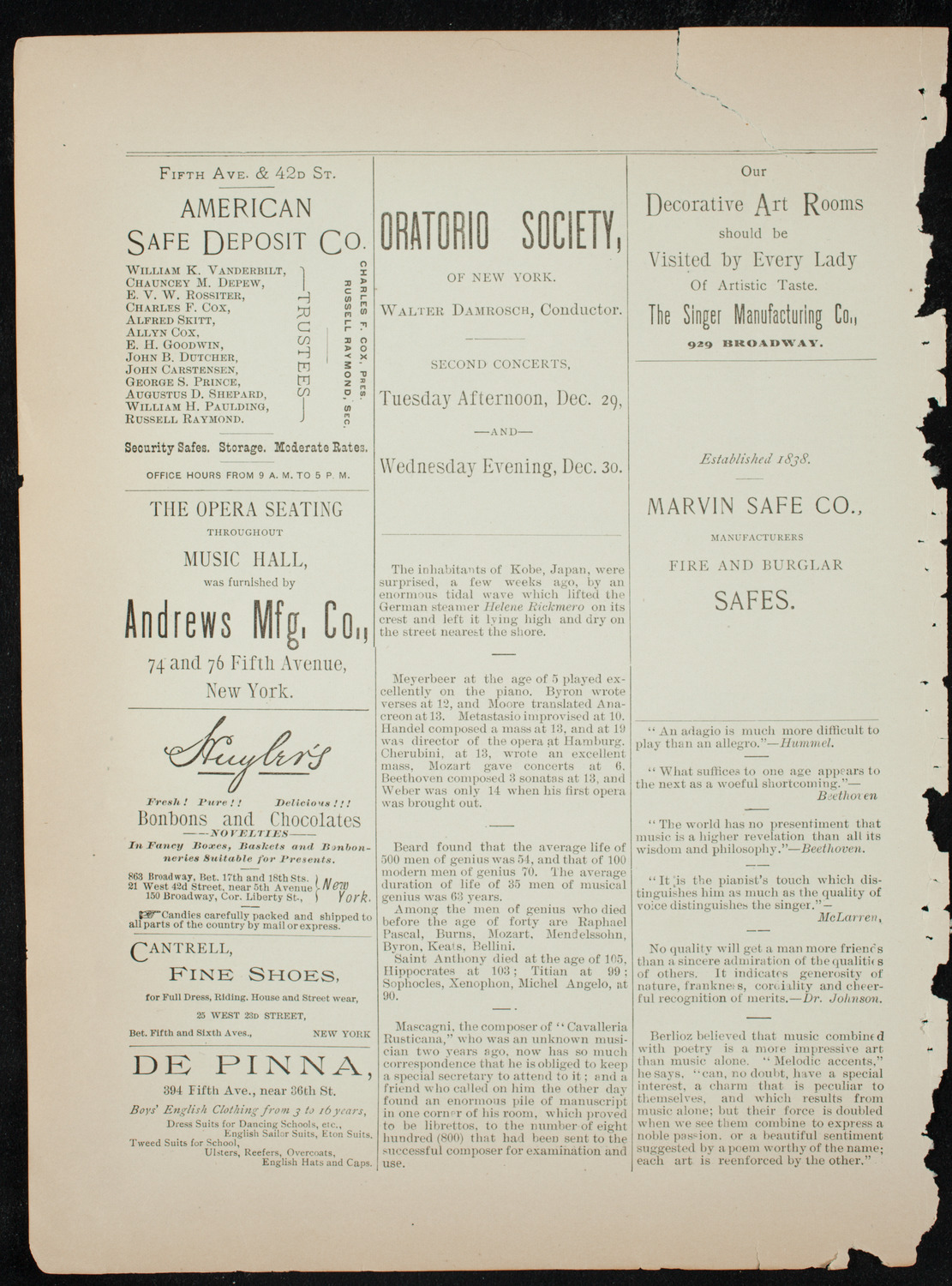 Damrosch Sunday Concert, December 6, 1891, program page 4