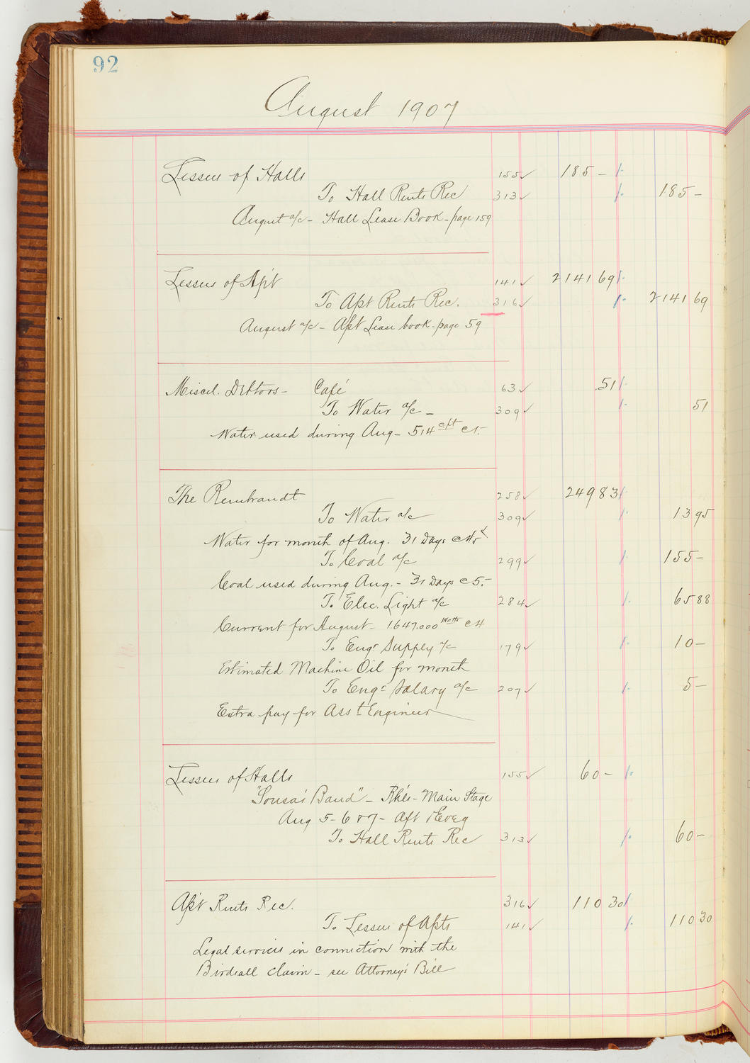 Music Hall Accounting Ledger Journal, volume 7, page 92