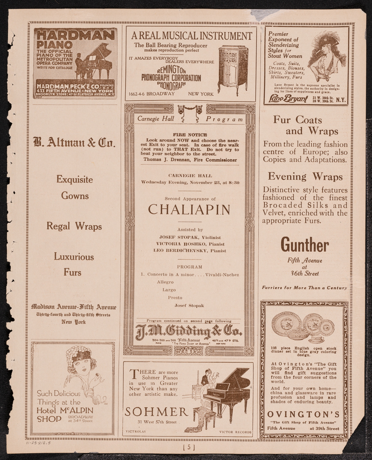 Cancelled Concert: Feodor Chaliapin, November 23, 1921, program page 5