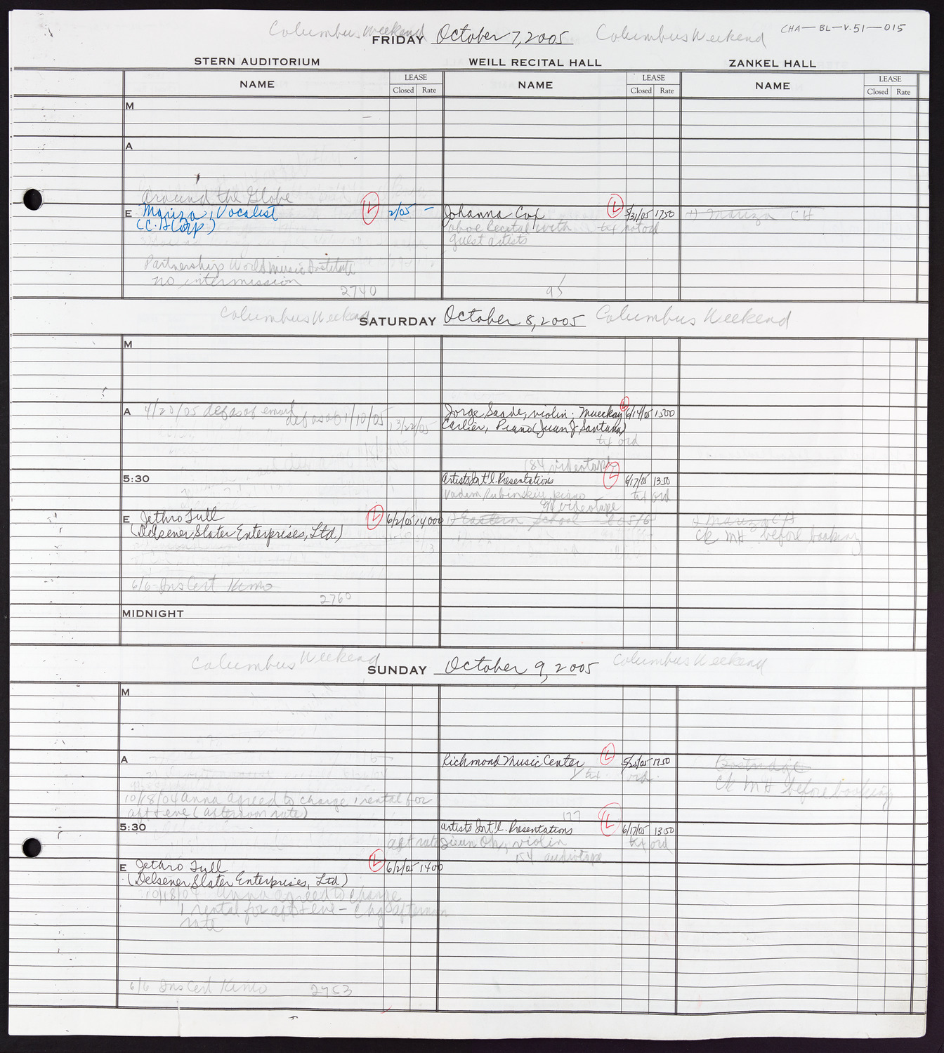 Carnegie Hall Booking Ledger, volume 51, page 15