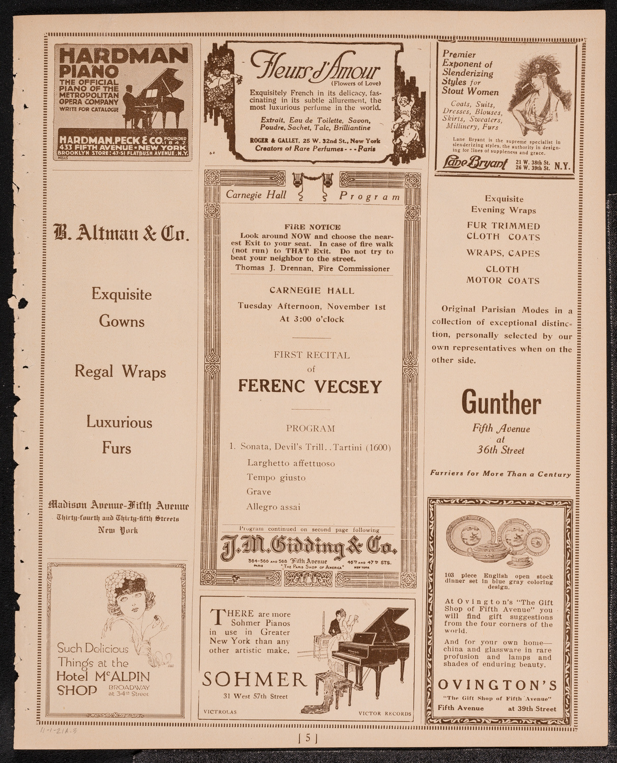 Franz von Vecsey, Violin, November 1, 1921, program page 5