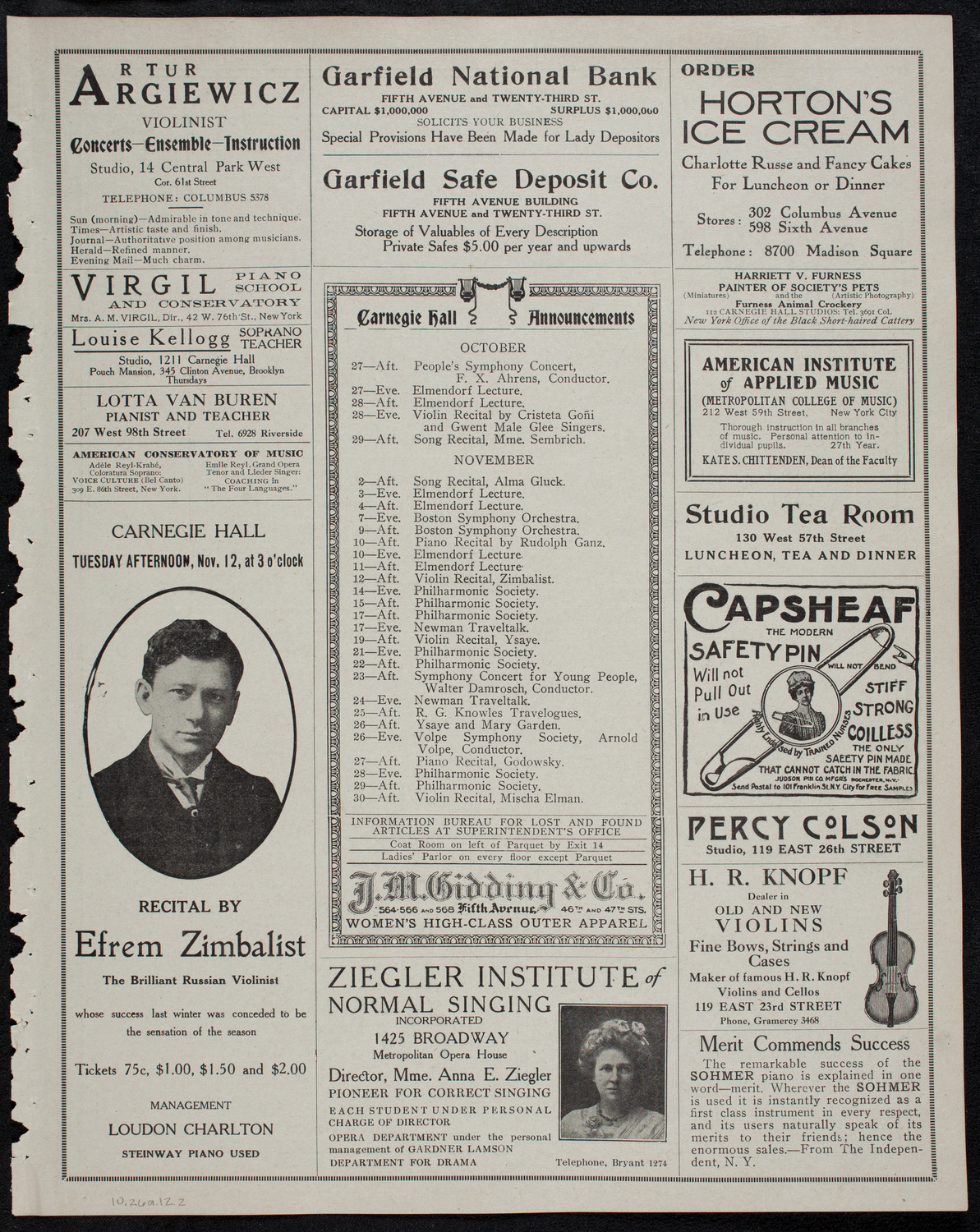 Mischa Elman, Violin, October 26, 1912, program page 3