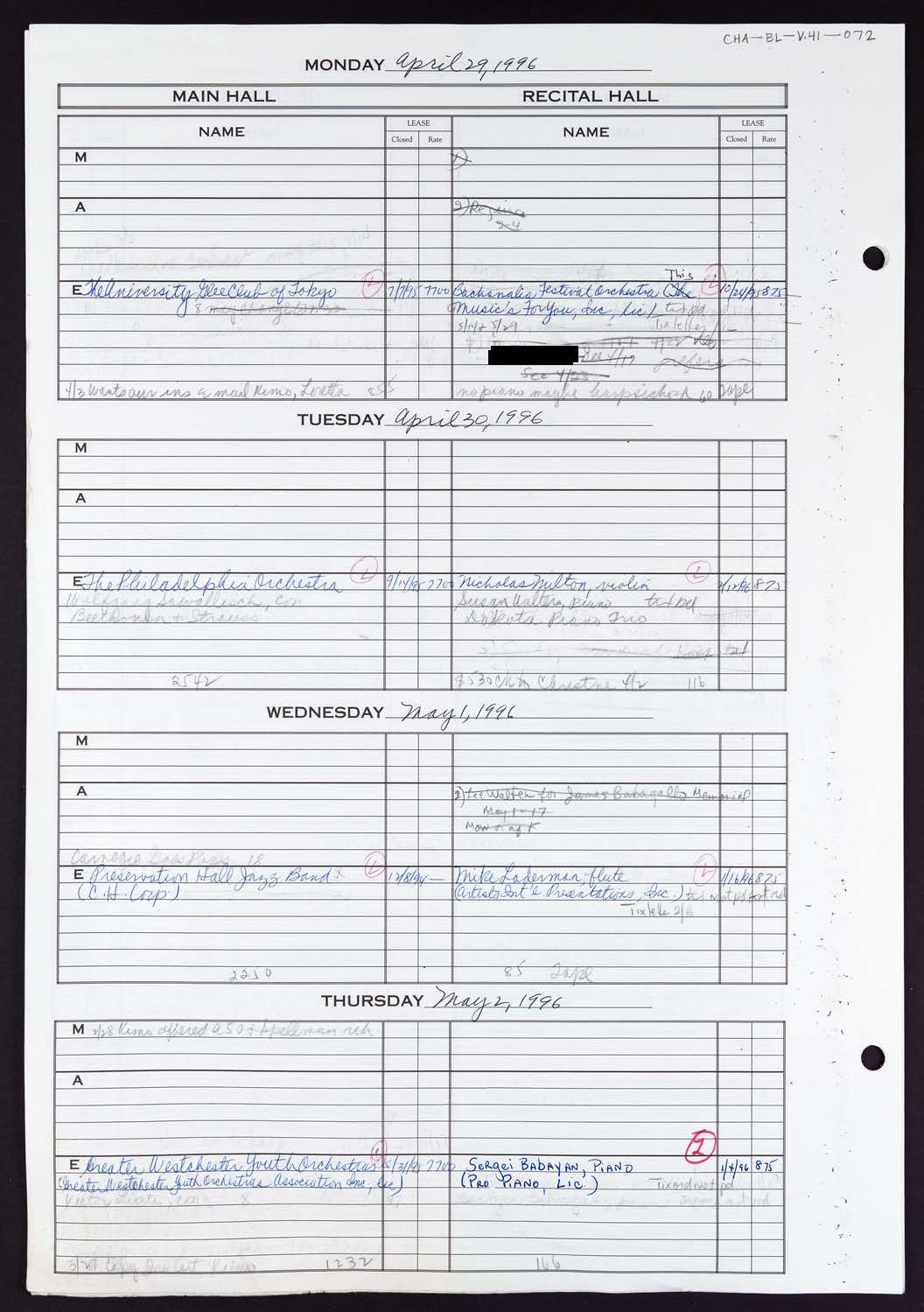 Carnegie Hall Booking Ledger, volume 41, page 72