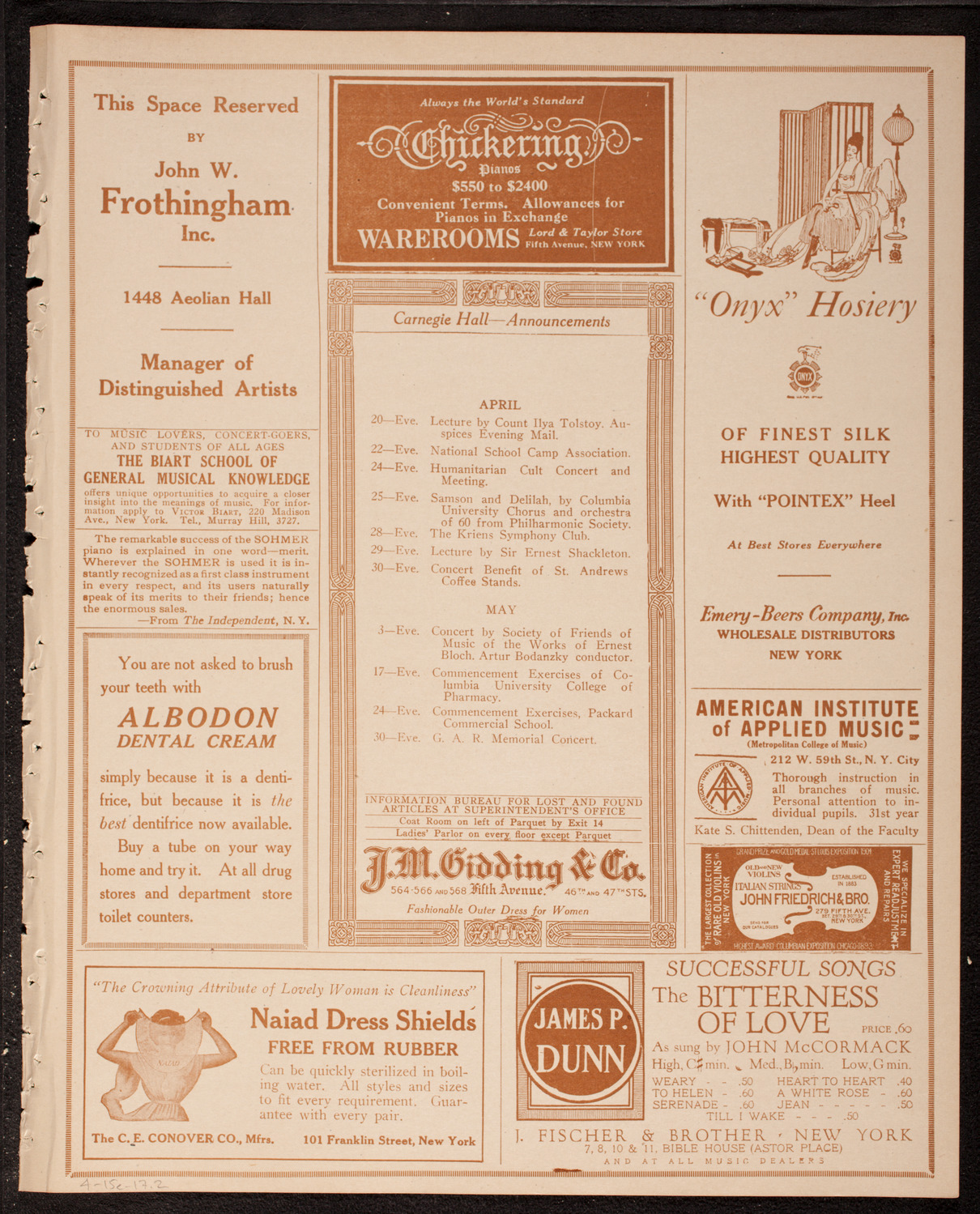 Thomas Egan, Tenor, assisted by Lilian Breton, Soprano, and Frederic Gerard, Violin, April 15, 1917, program page 3