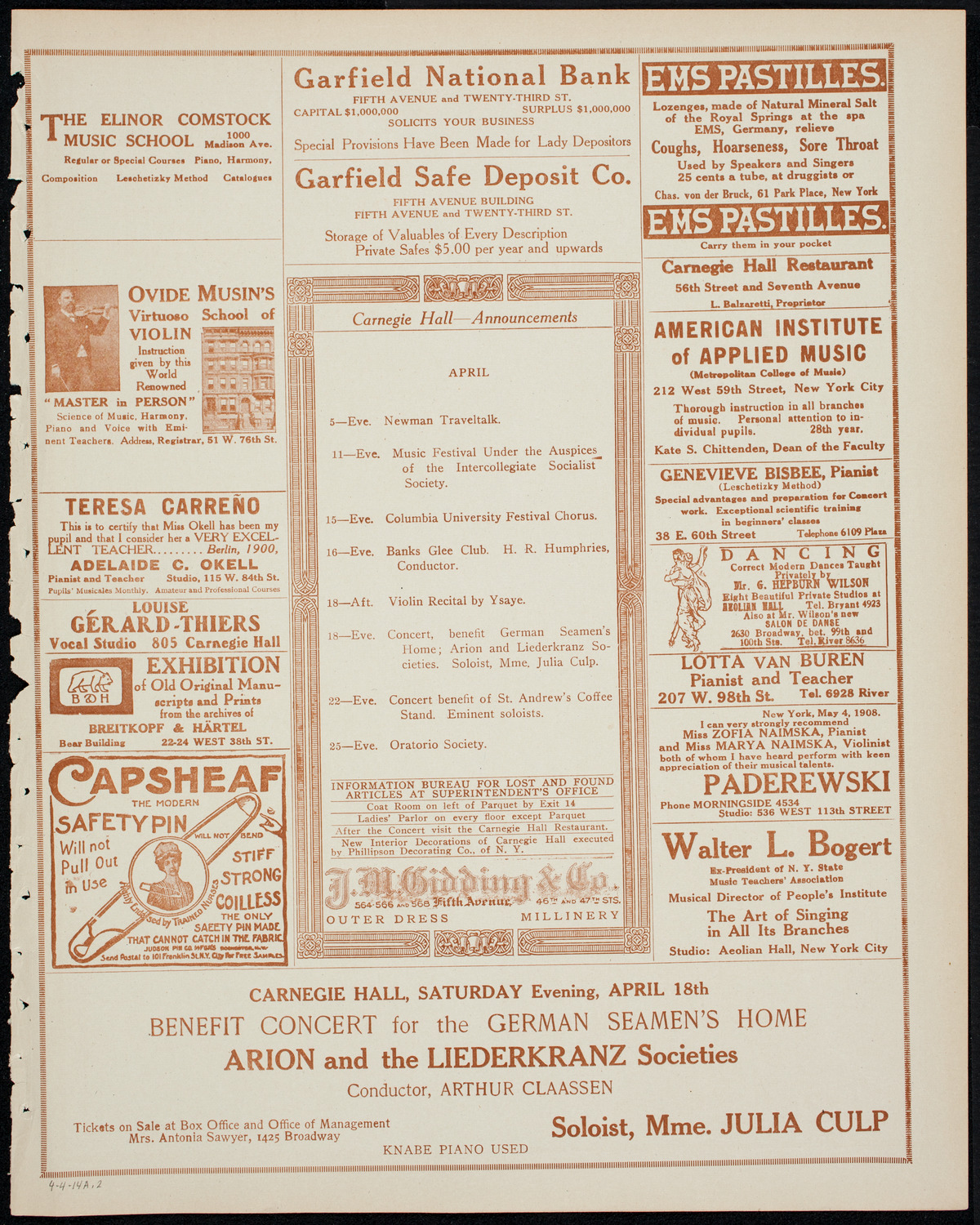 Josef Hofmann, Piano, April 4, 1914, program page 3