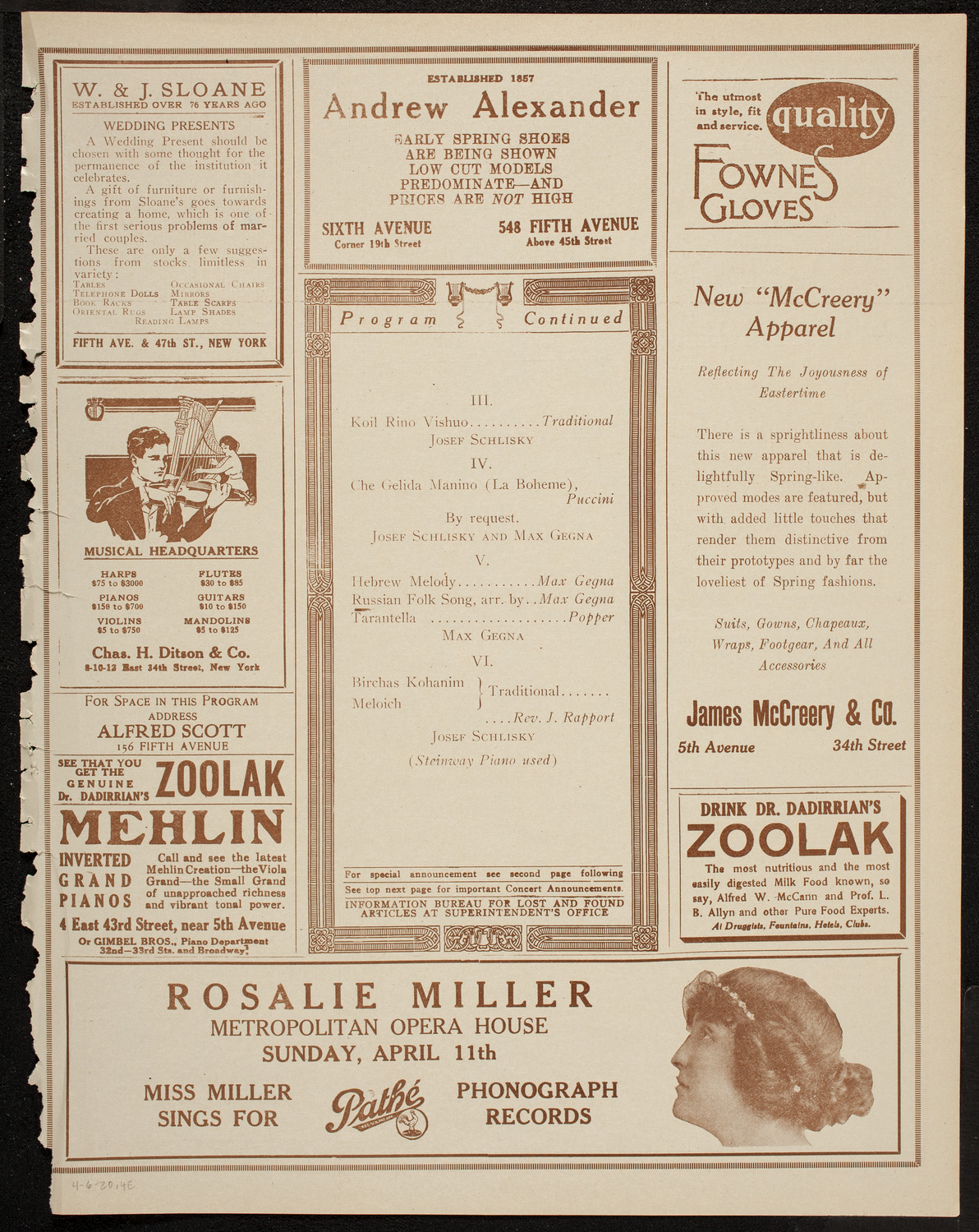 Josef Schlisky and Max Gegna, April 6, 1920, program page 7