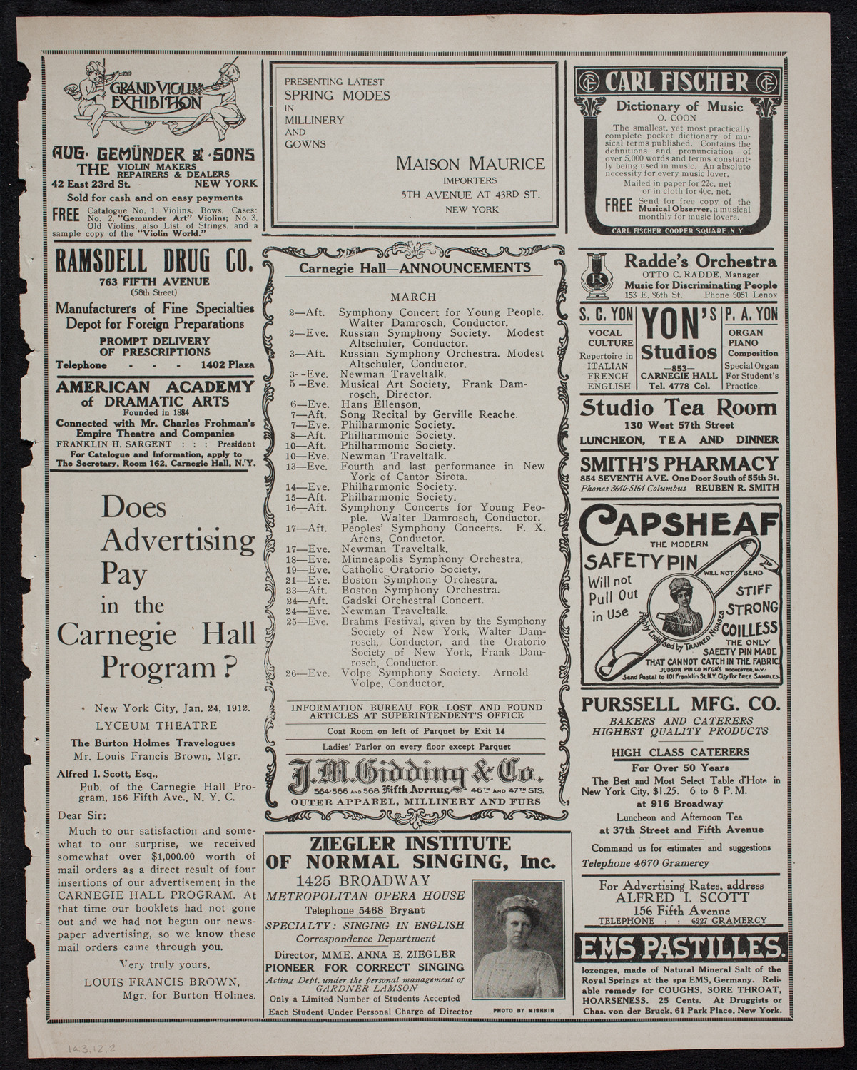 New York Philharmonic, March 1, 1912, program page 3