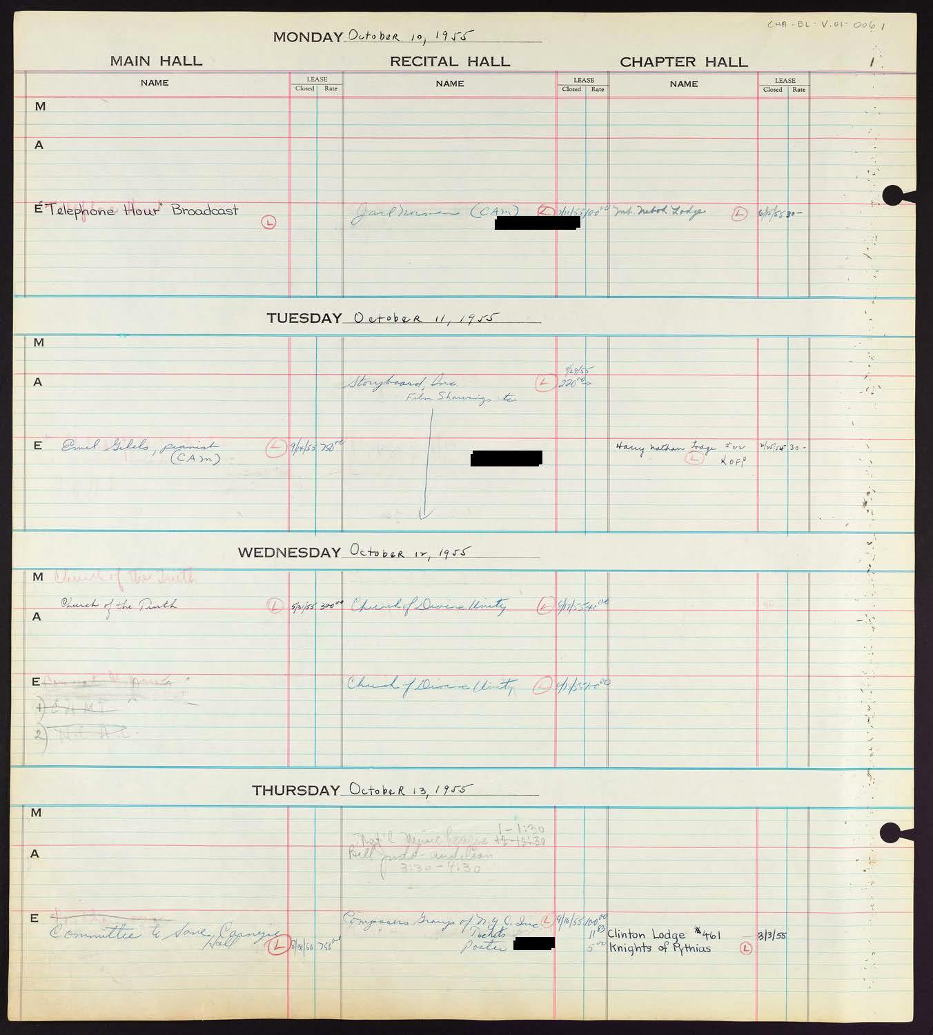 Carnegie Hall Booking Ledger, volume 1, page 6