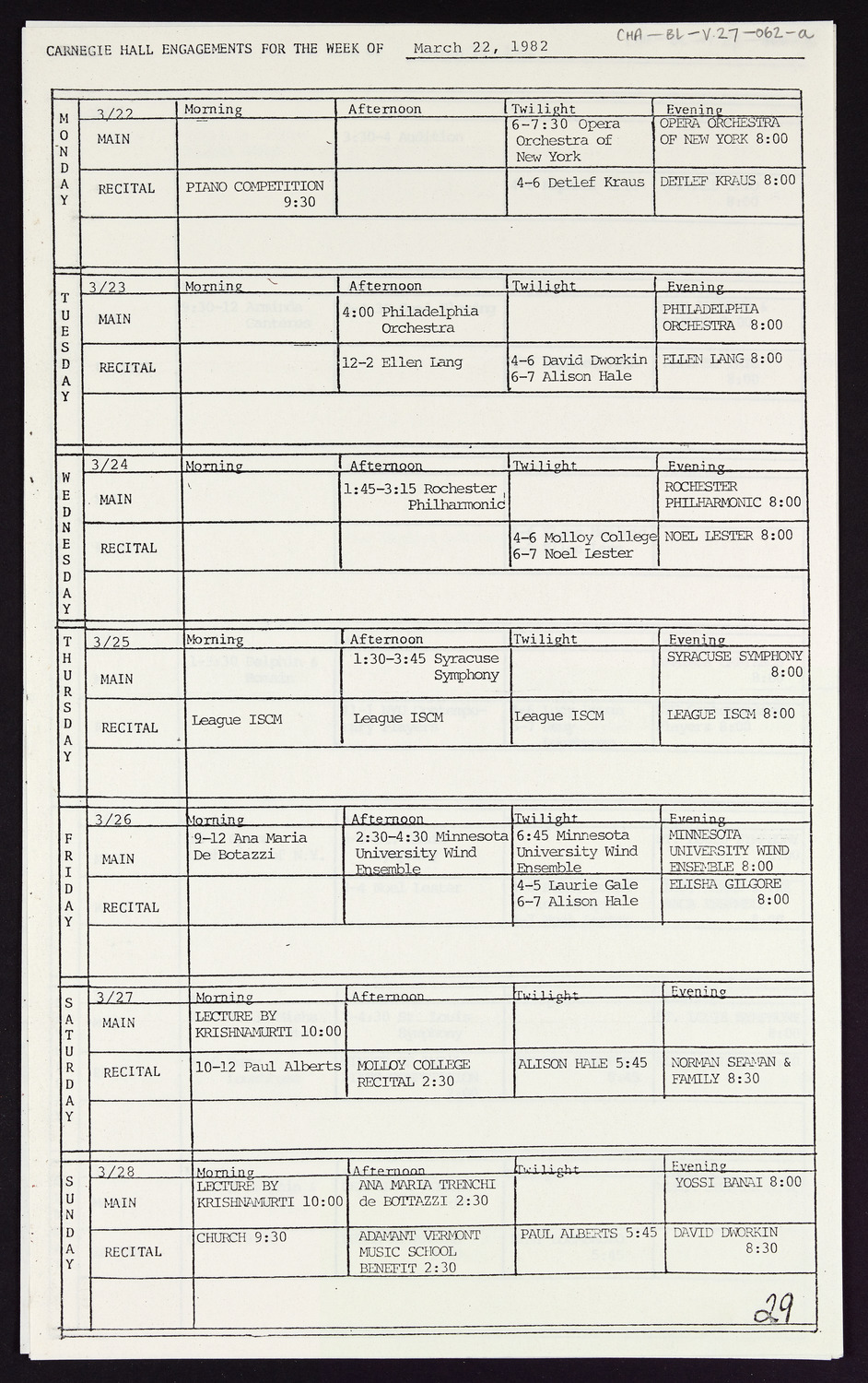 Carnegie Hall Booking Ledger, volume 27, page 62a