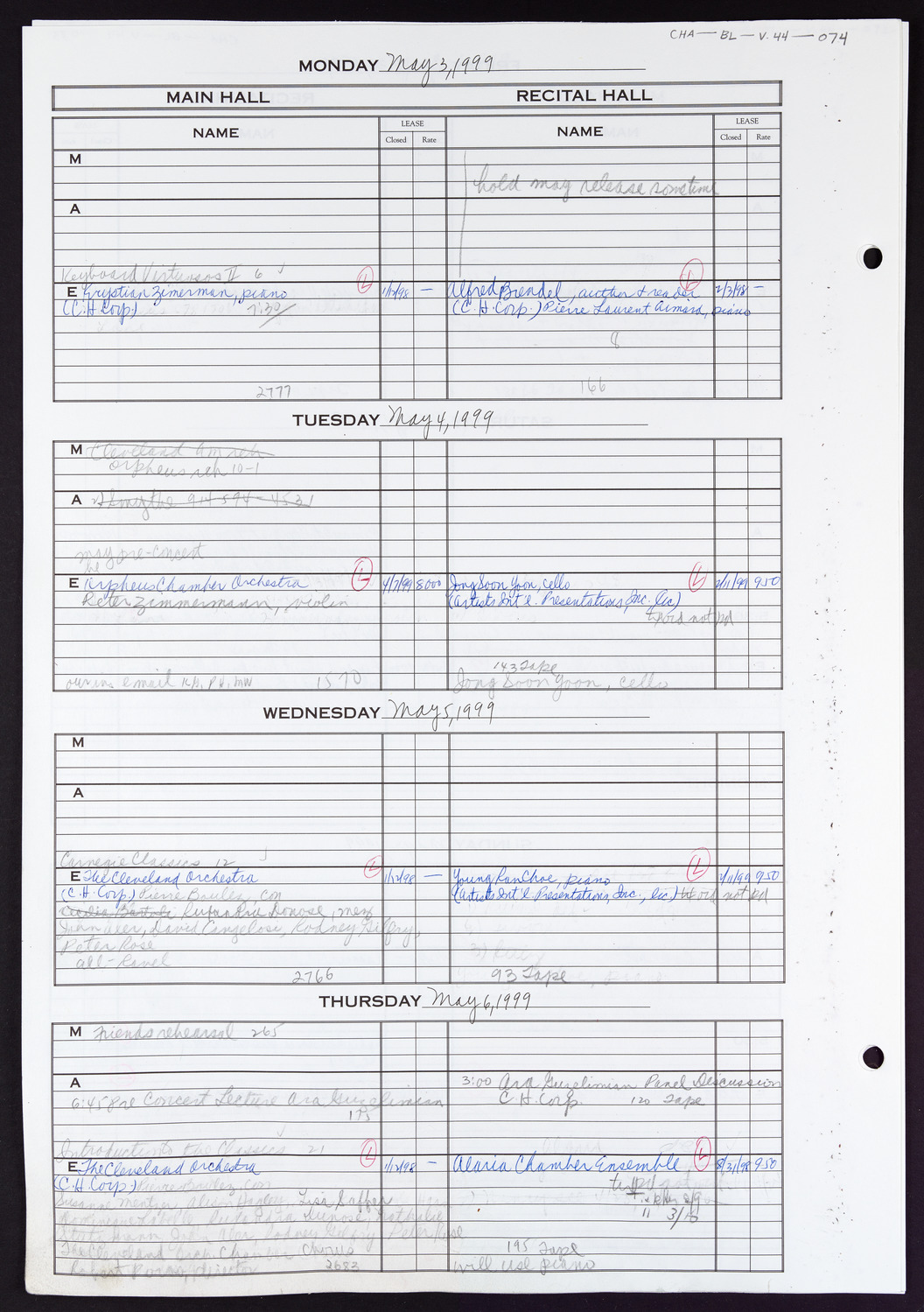 Carnegie Hall Booking Ledger, volume 44, page 74