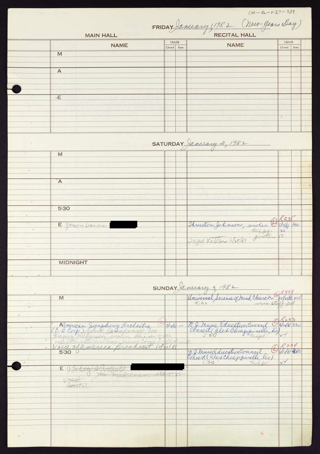 Carnegie Hall Booking Ledger, volume 27, page 39