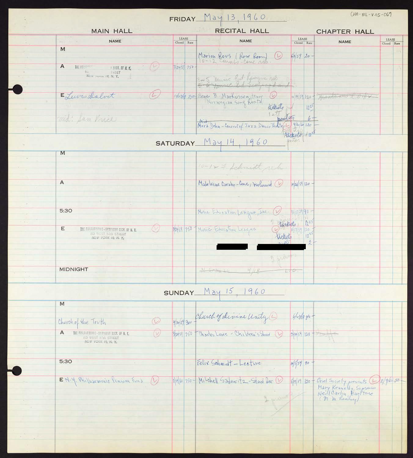 Carnegie Hall Booking Ledger, volume 5, page 69