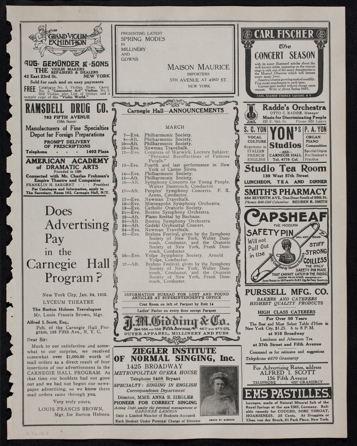 Jeanne Gerville-Réache, Contralto, March 7, 1912, program page 3