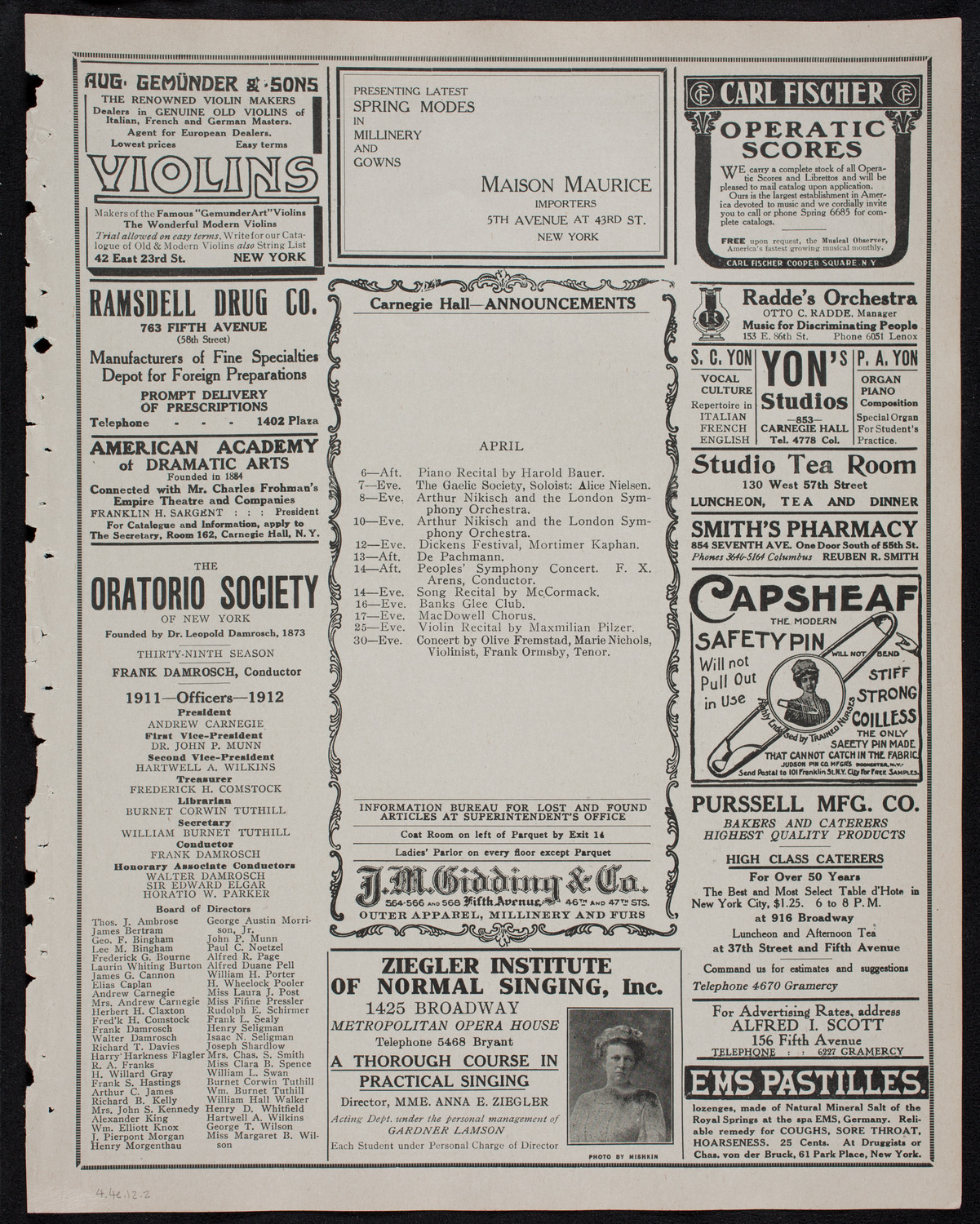 Jeanne Jomelli, Soprano, and Paolo Gruppe, Cello, April 4, 1912, program page 3