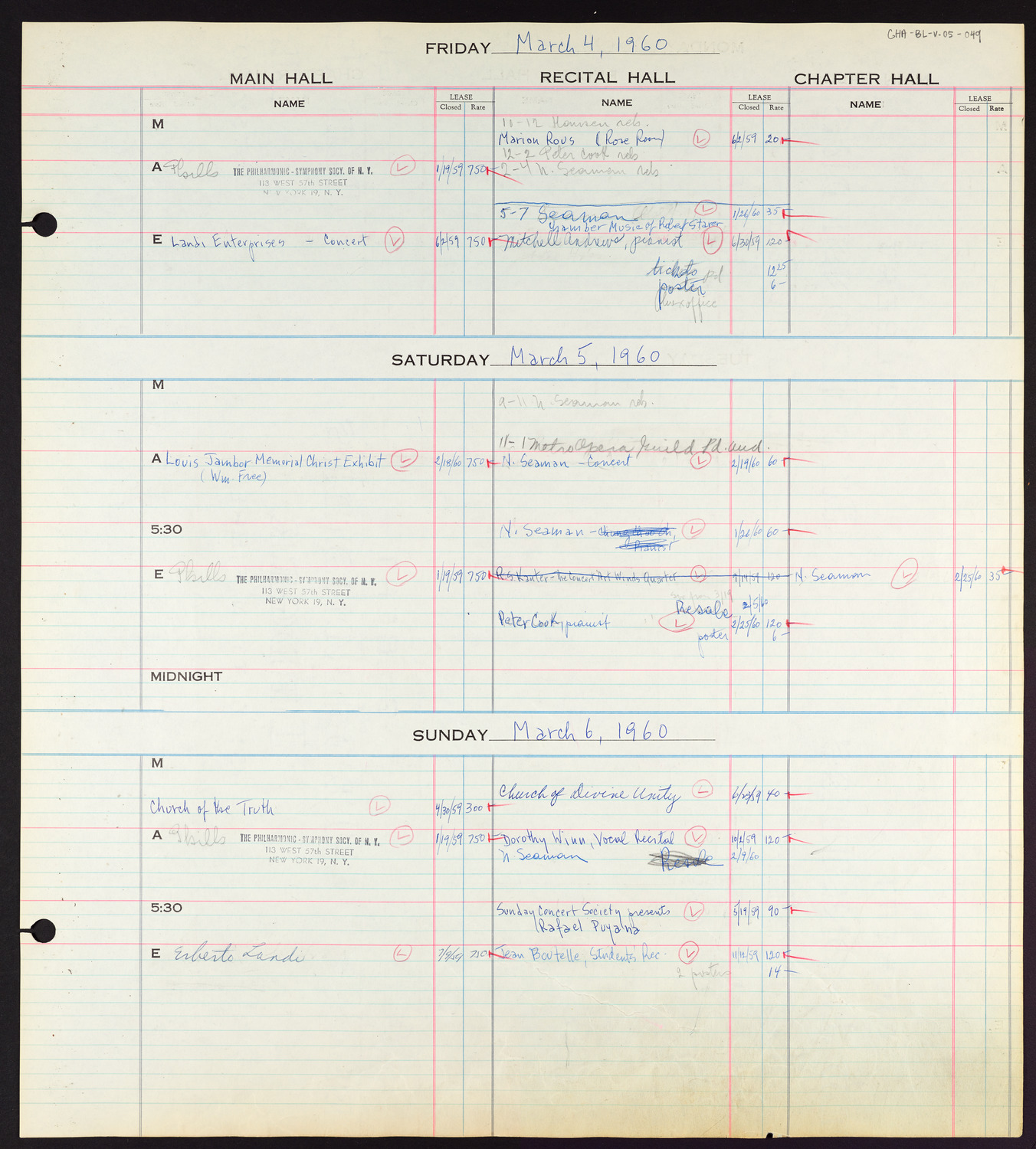 Carnegie Hall Booking Ledger, volume 5, page 49