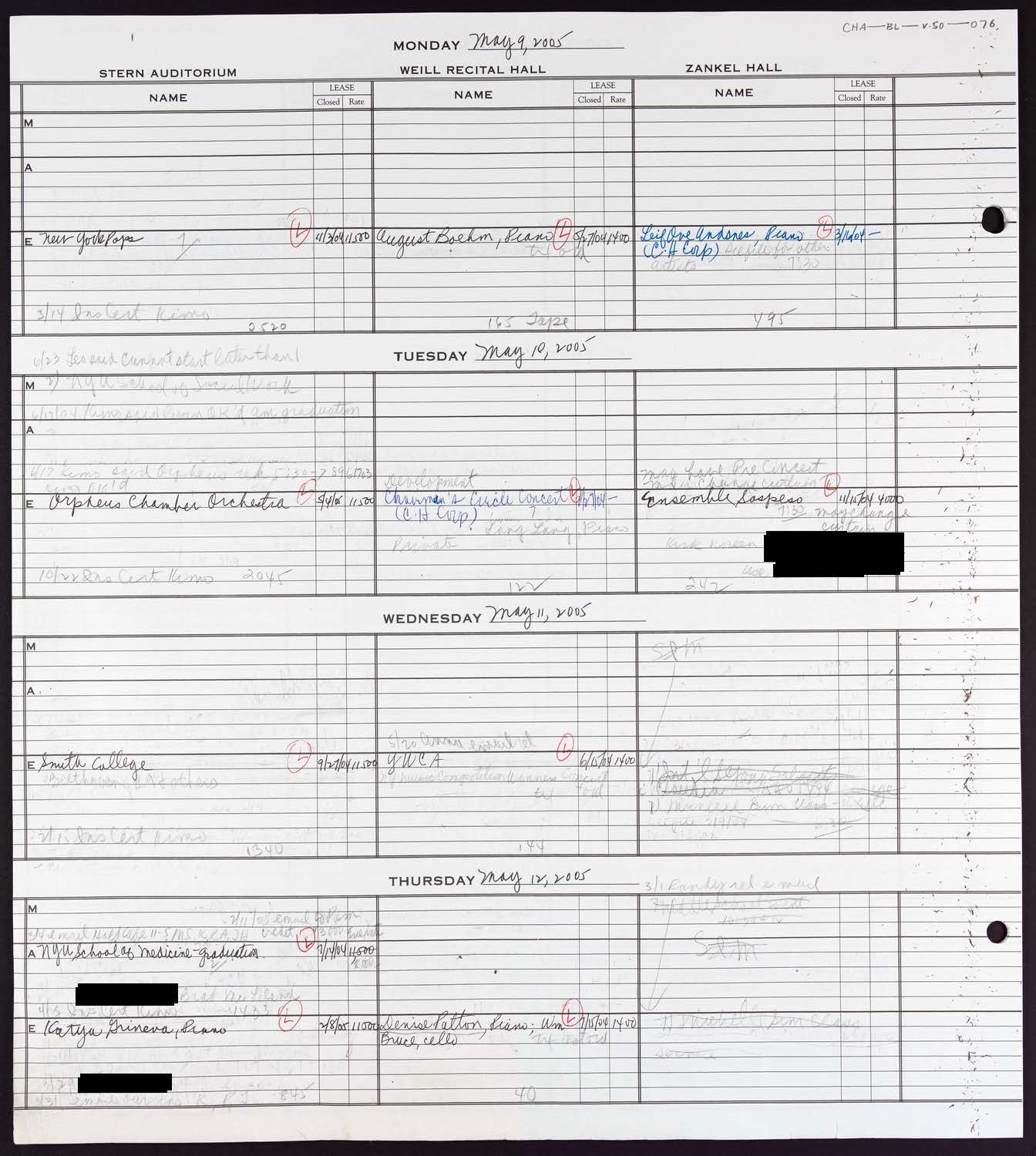 Carnegie Hall Booking Ledger, volume 50, page 76