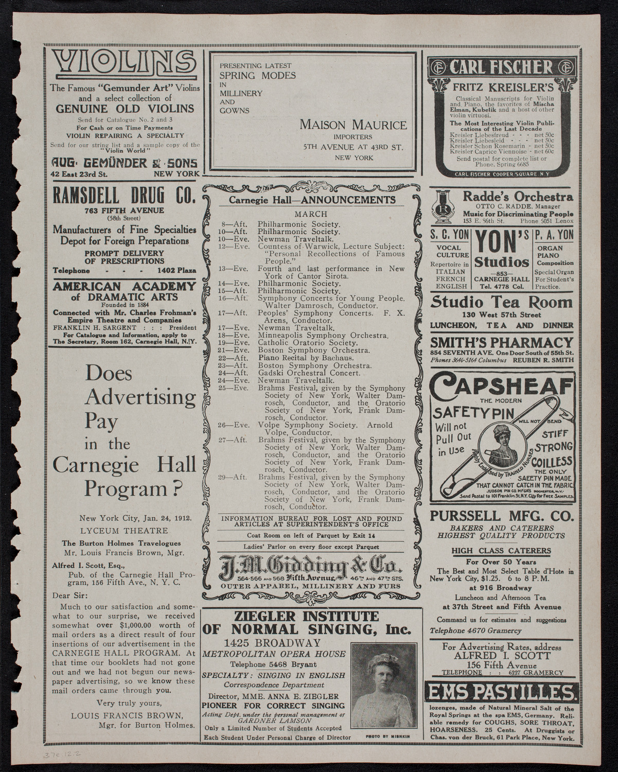 New York Philharmonic, March 7, 1912, program page 3