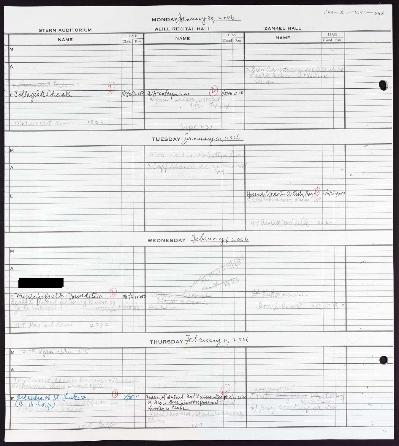 Carnegie Hall Booking Ledger, volume 51, page 48