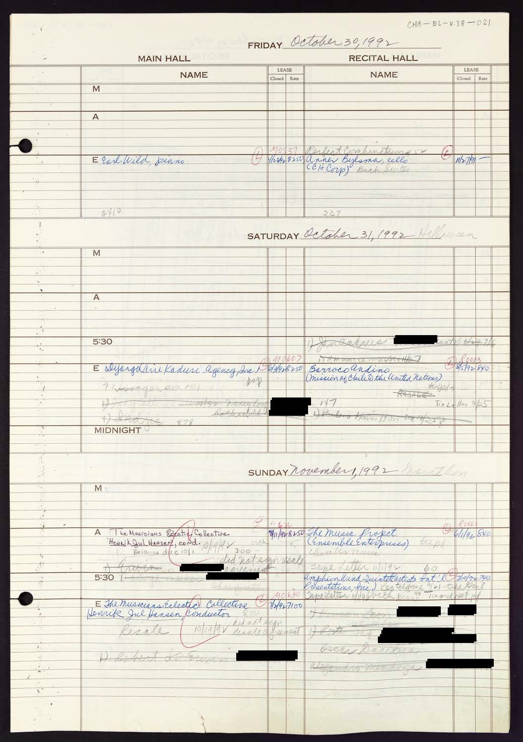 Carnegie Hall Booking Ledger, volume 38, page 21