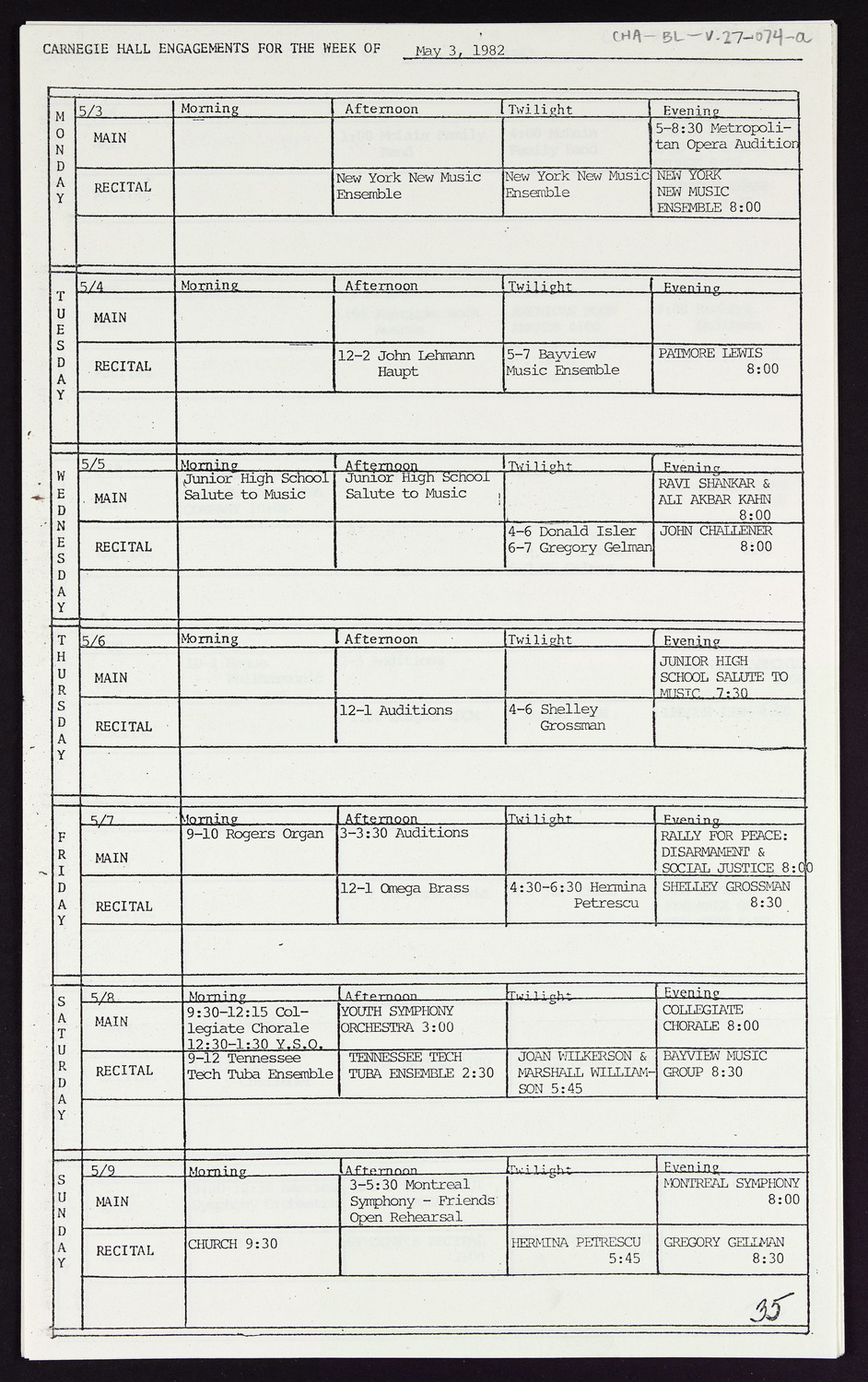 Carnegie Hall Booking Ledger, volume 27, page 74a