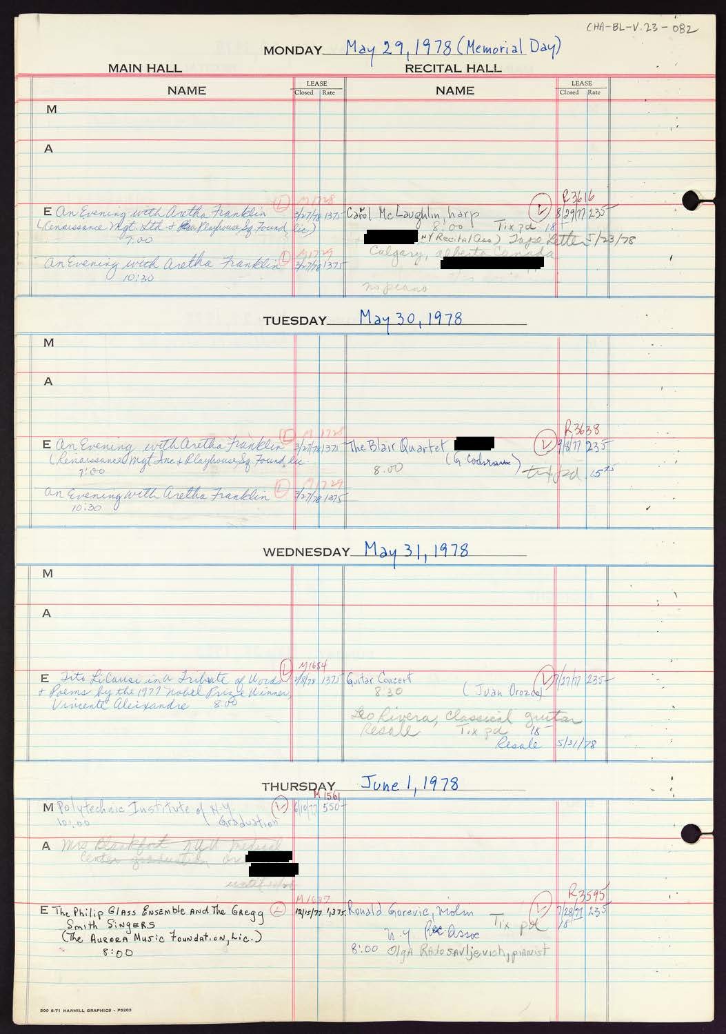 Carnegie Hall Booking Ledger, volume 23, page 82