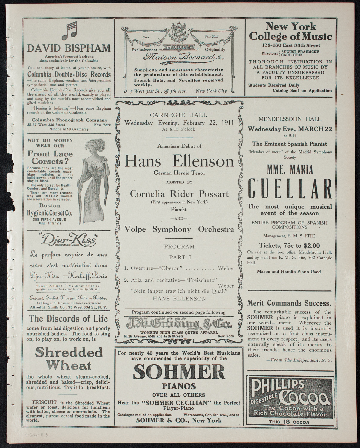 Hans Ellenson with Cornelia Rider Possart and the Volpe Symphony Orchestra, February 22, 1911, program page 5