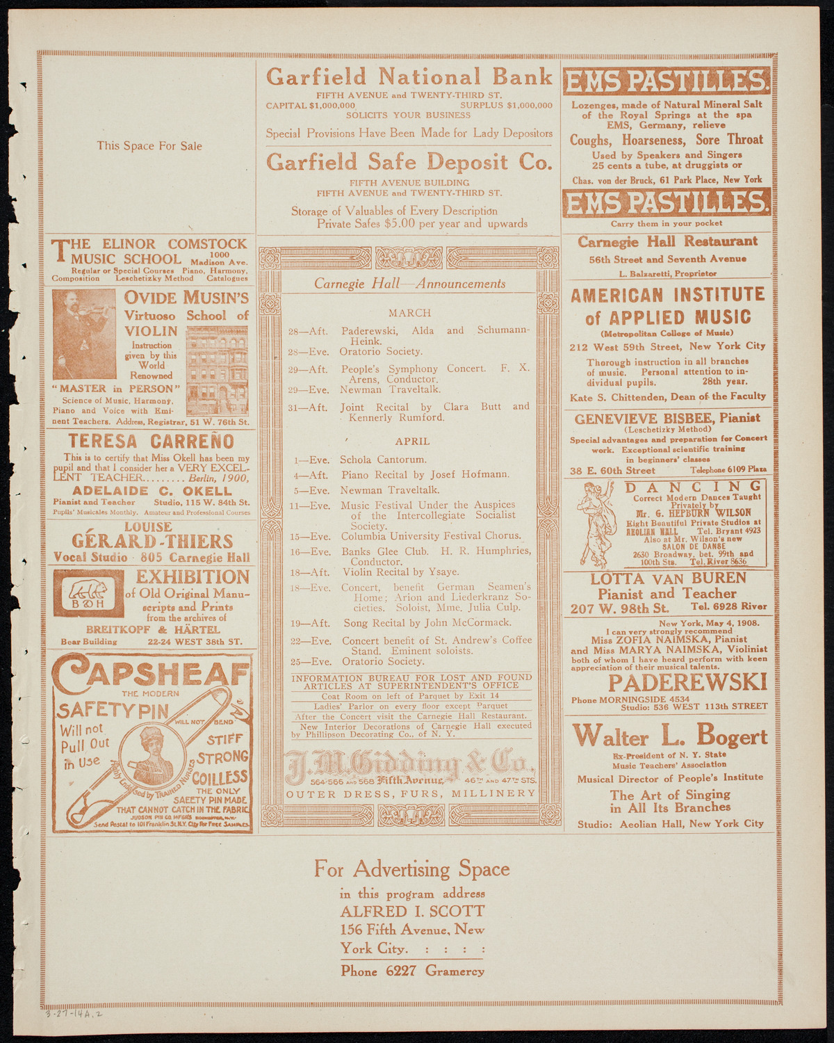 New York Philharmonic, March 27, 1914, program page 3