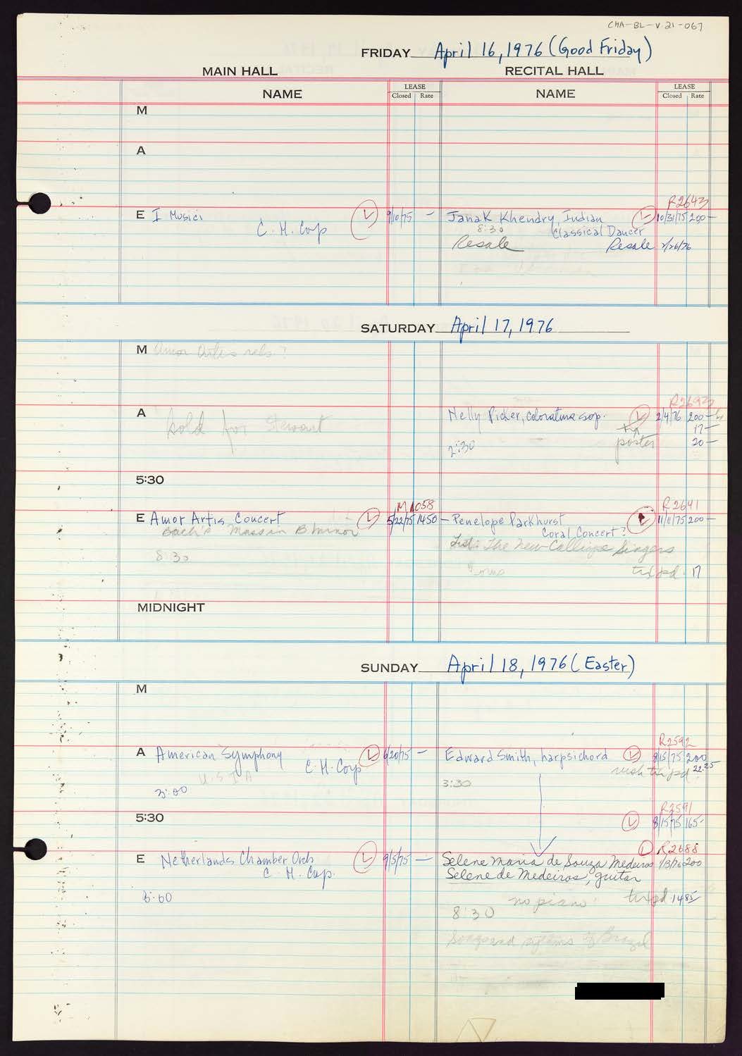 Carnegie Hall Booking Ledger, volume 21, page 67