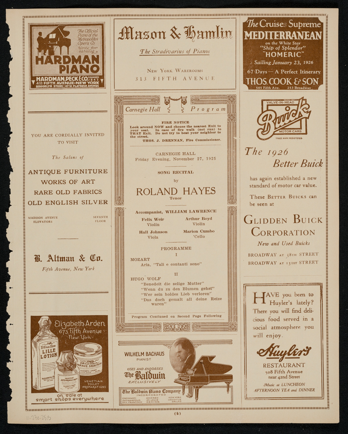 Roland Hayes, Tenor, November 27, 1925, program page 5