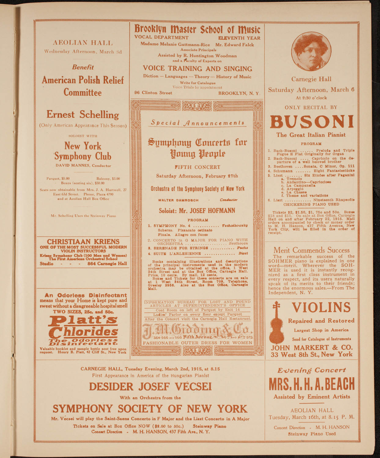 New York Philharmonic, February 26, 1915, program page 9
