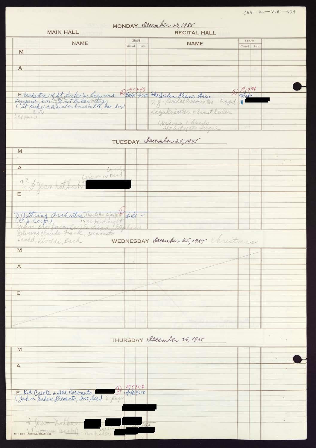 Carnegie Hall Booking Ledger, volume 31, page 34