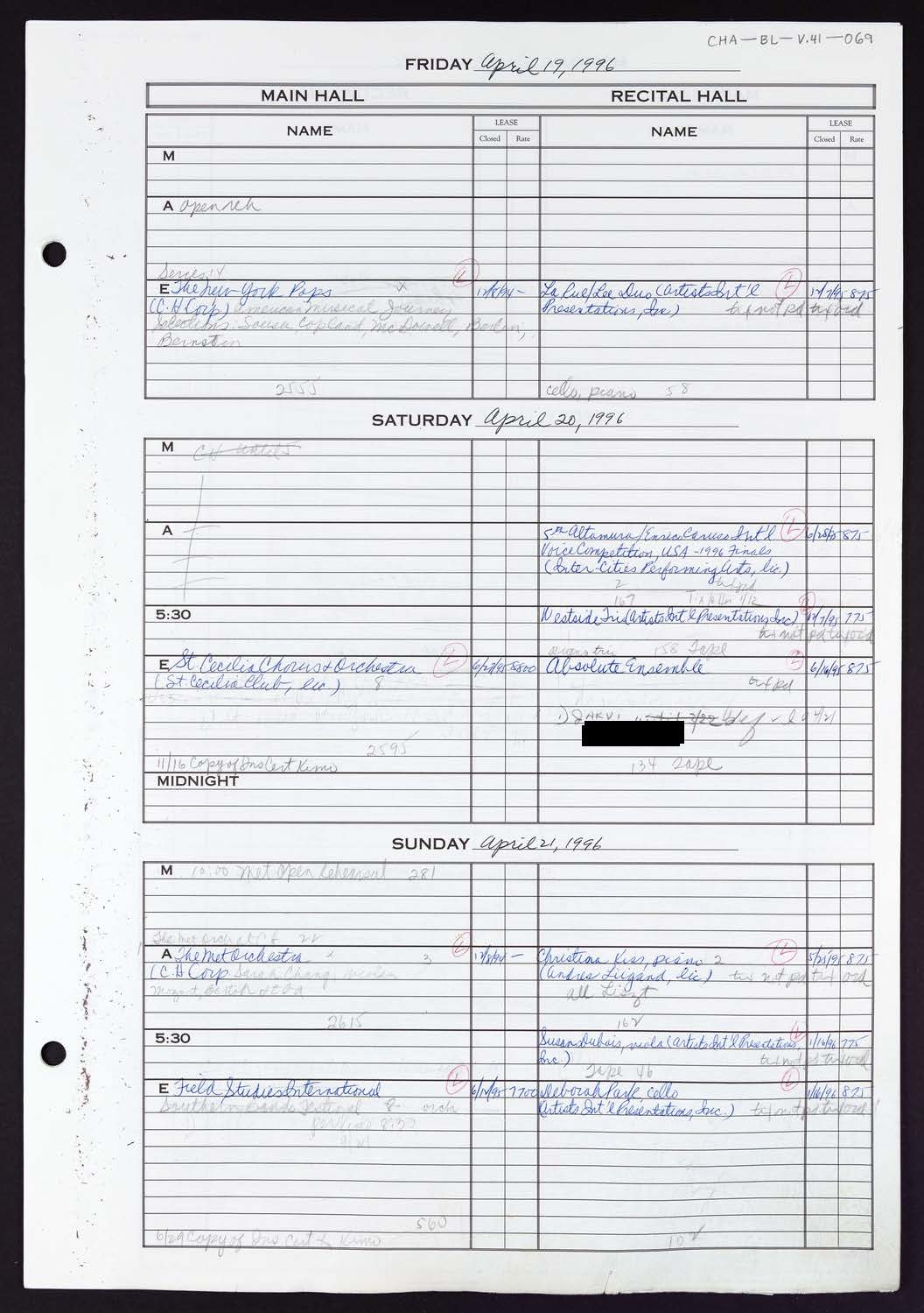 Carnegie Hall Booking Ledger, volume 41, page 69