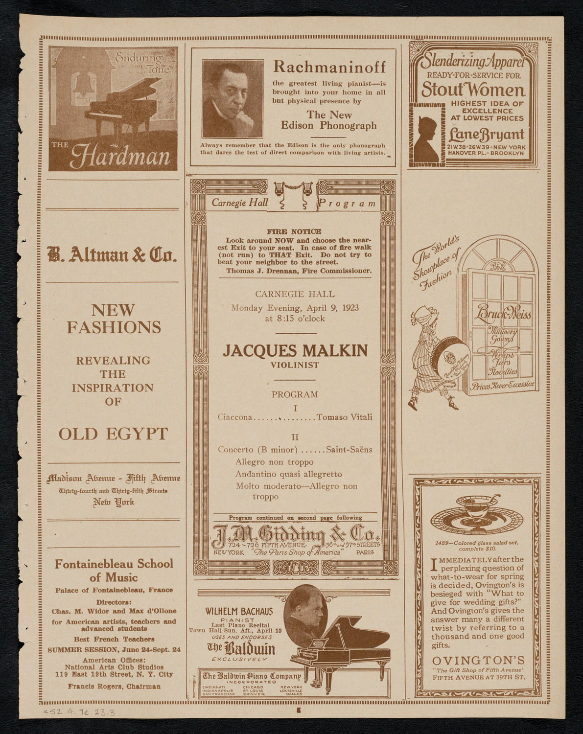 Jacques Malkin, Violin, April 9, 1923, program page 5