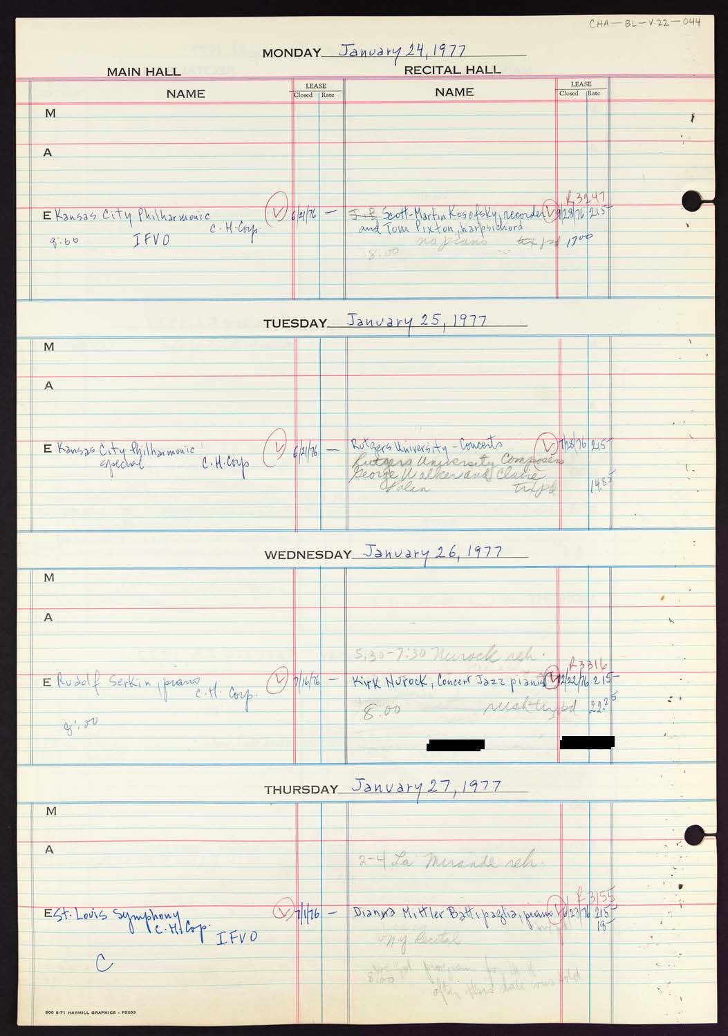 Carnegie Hall Booking Ledger, volume 22, page 44