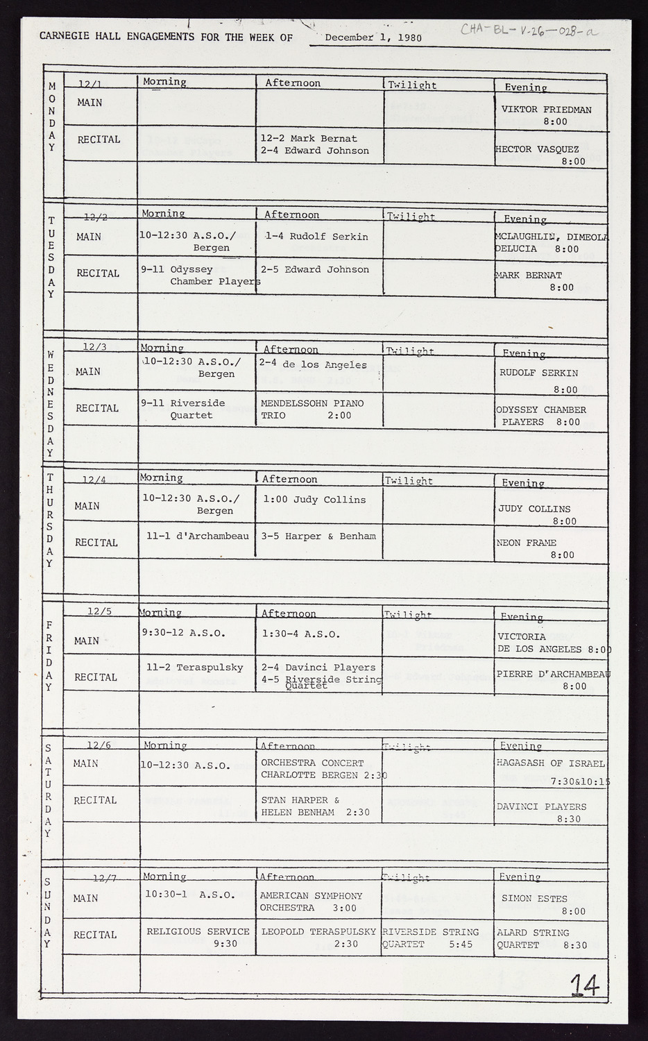 Carnegie Hall Booking Ledger, volume 26, page 28a