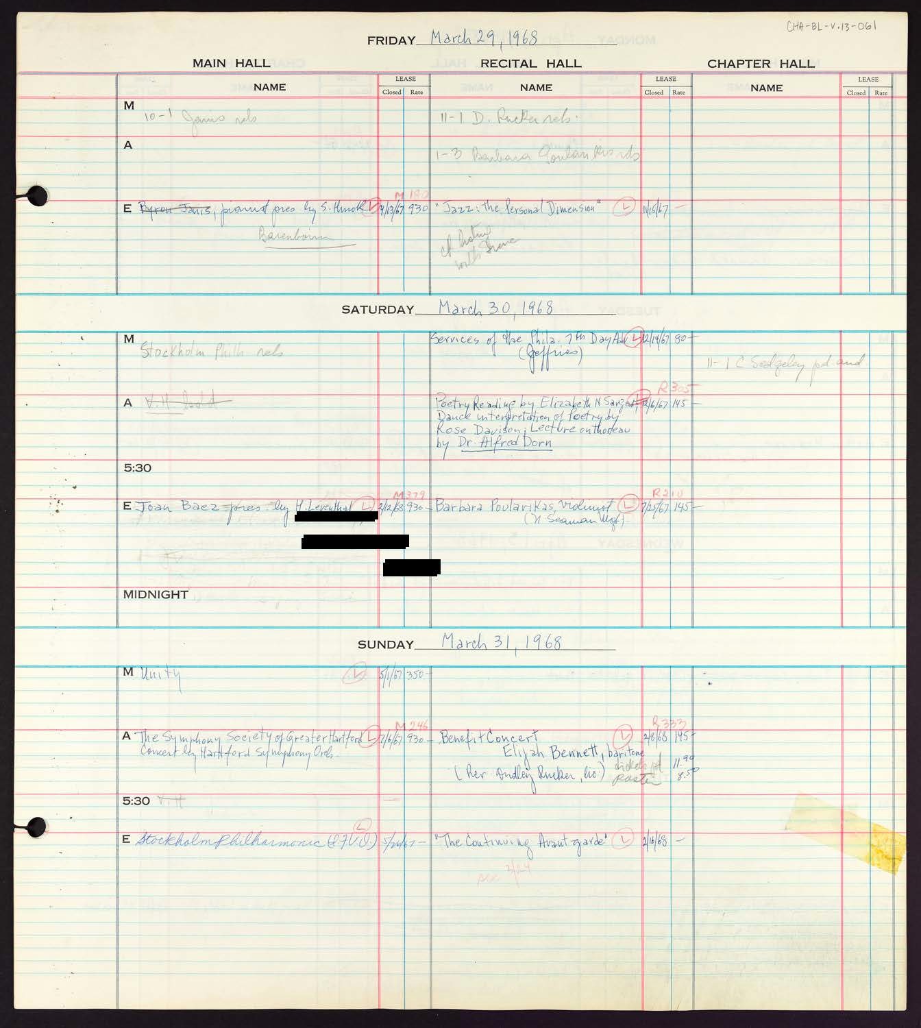 Carnegie Hall Booking Ledger, volume 13, page 61