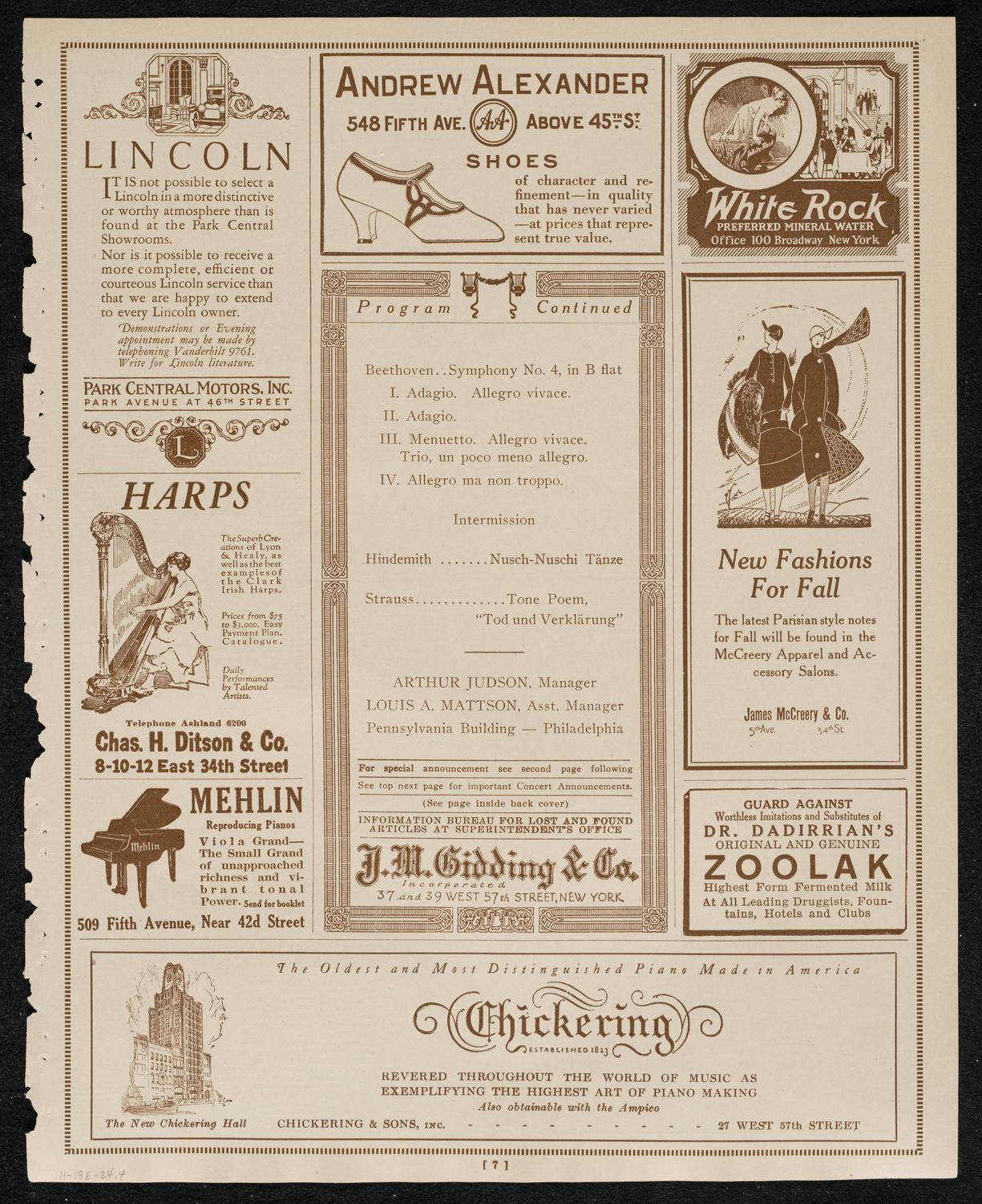 Philadelphia Orchestra, November 18, 1924, program page 7