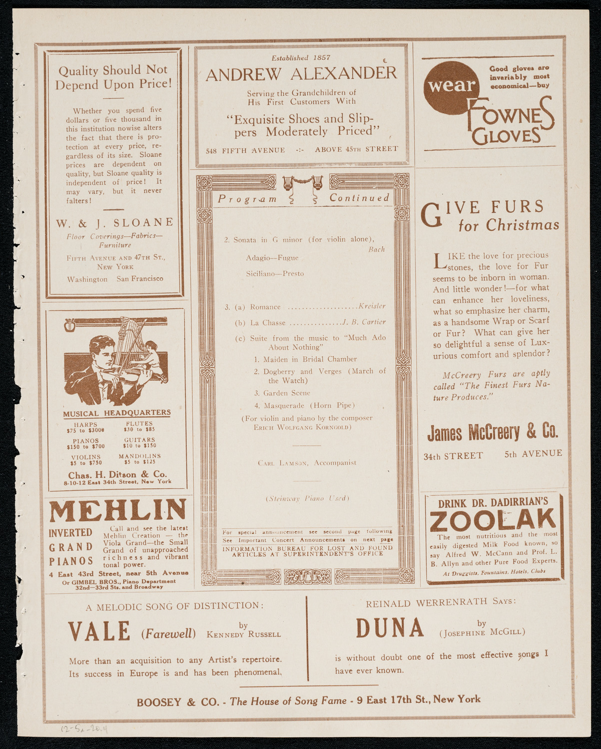 Fritz Kreisler, Violin, December 5, 1920, program page 7