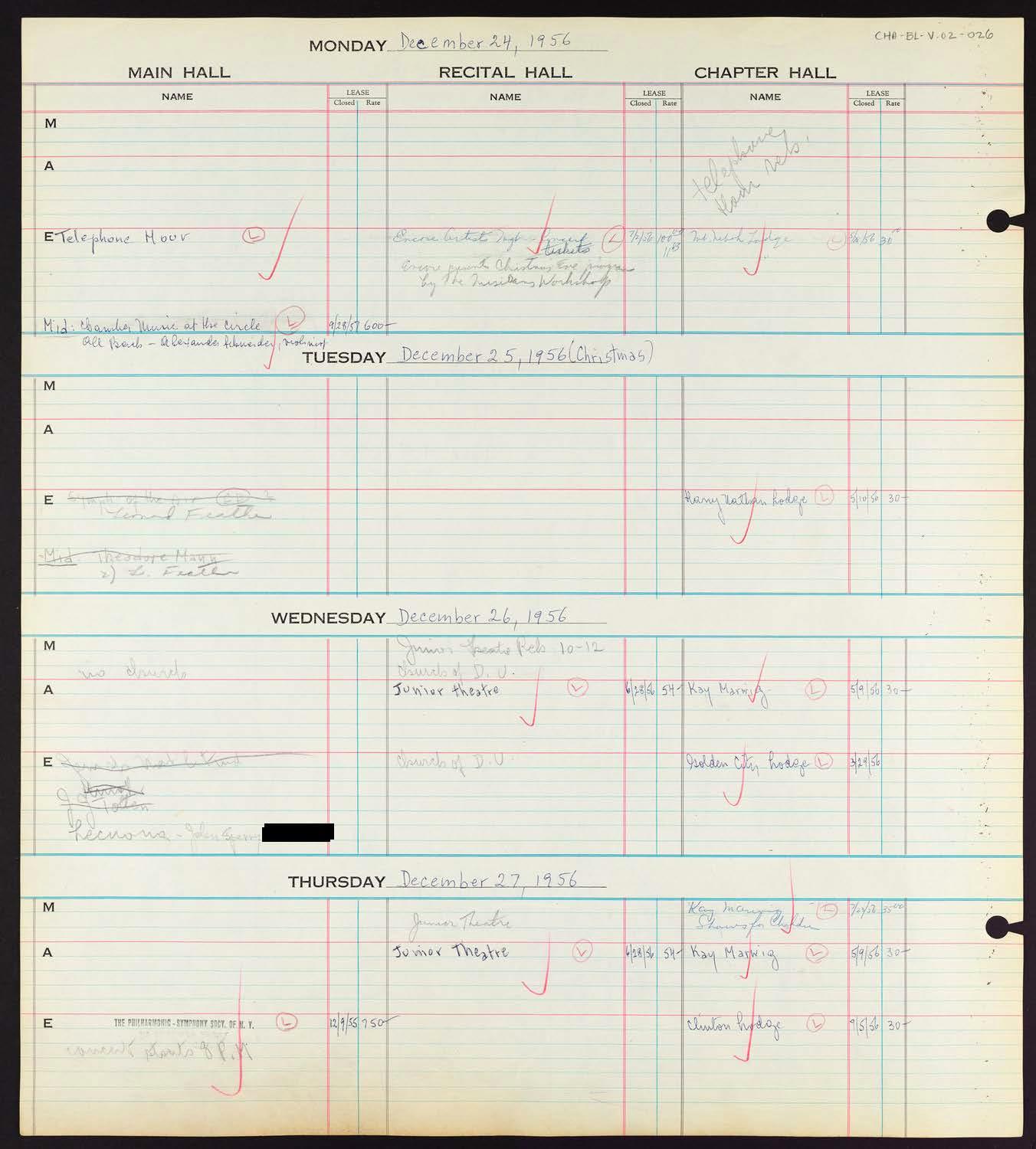 Carnegie Hall Booking Ledger, volume 2, page 26