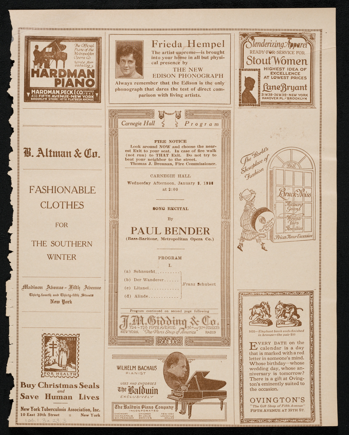 Paul Bender, Baritone, January 3, 1923, program page 5