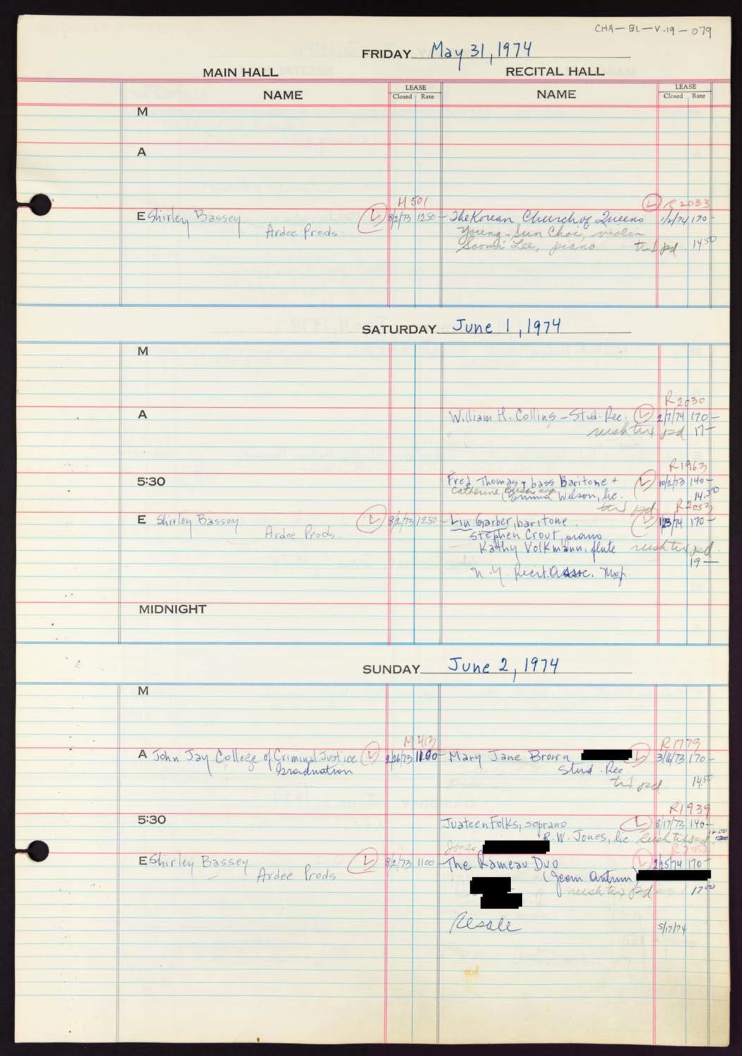 Carnegie Hall Booking Ledger, volume 19, page 79